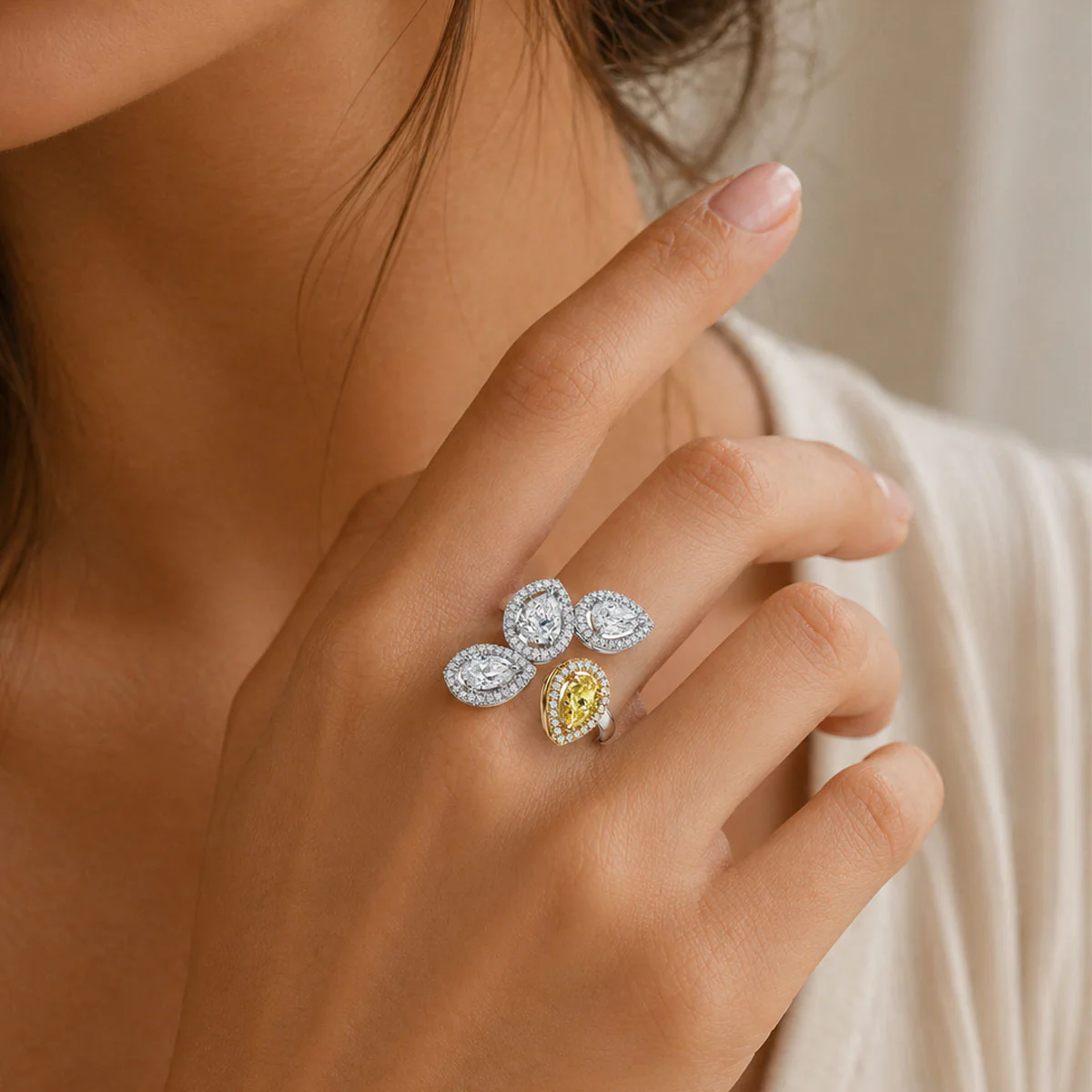 18ct White and Yellow Gold Fancy Yellow Pear Cut Diamond With Three Off Set Pear Cut Diamond Halo Ring - Image 2