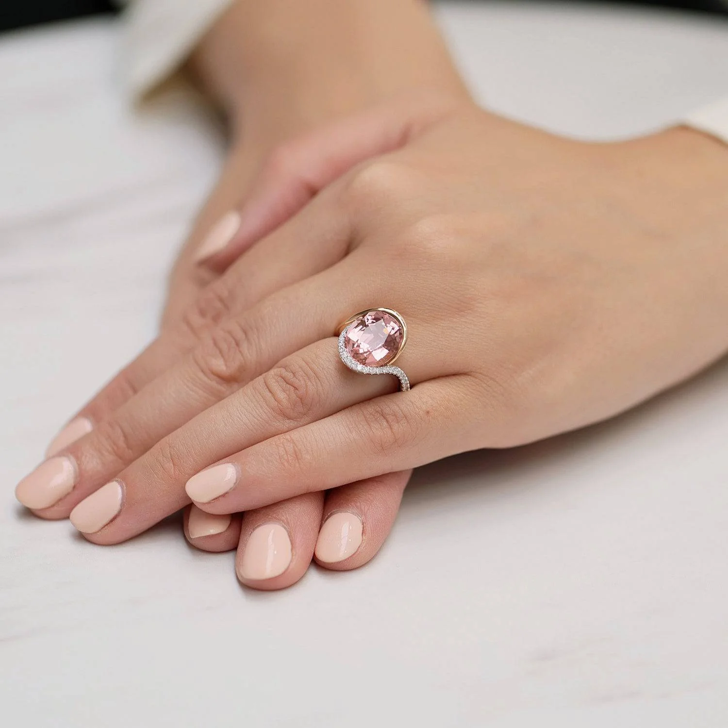 18ct Rose And White Gold Oval Cut Pink Tourmaline And Diamond Pave Set Dress Ring - Image 2