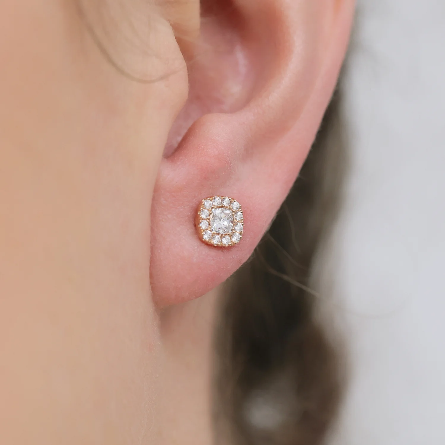 18ct Rose Gold Cushion Cut Diamond Halo Stud Earrings - Image 2