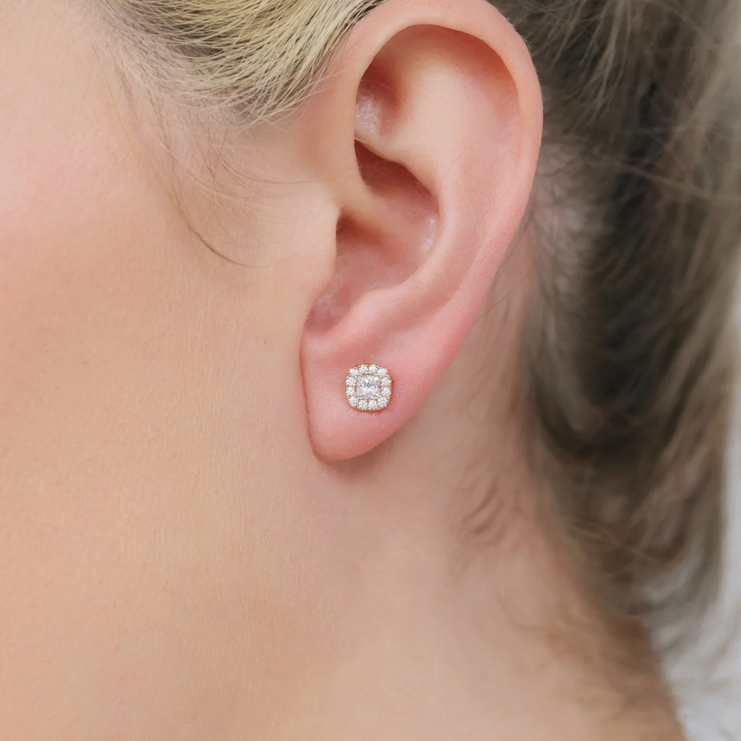 18ct Rose Gold Cushion Cut Diamond Halo Stud Earrings - Image 3