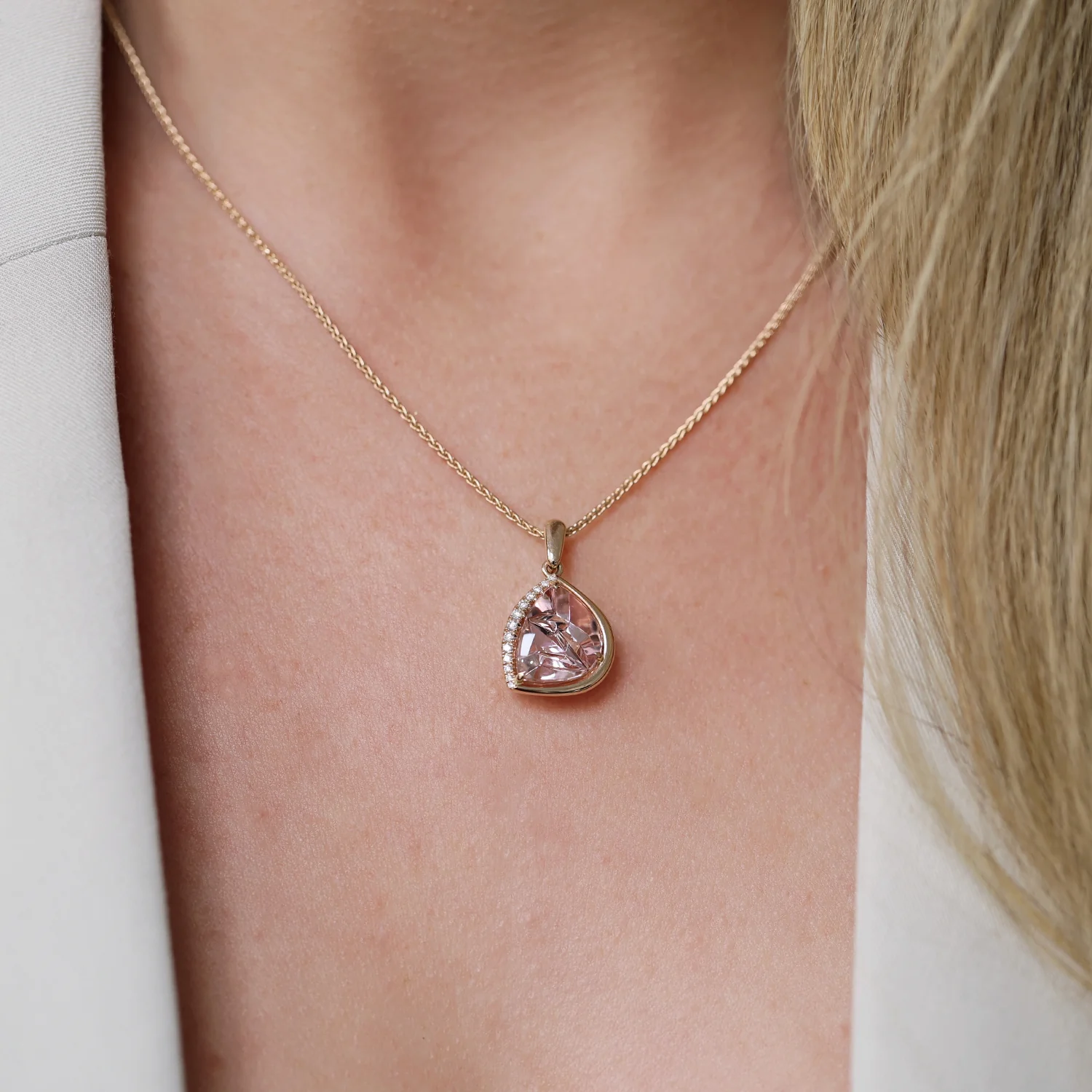 18ct Rose Gold Fantasy 'K' Cut Morganite And Diamond Pendant - Image 2