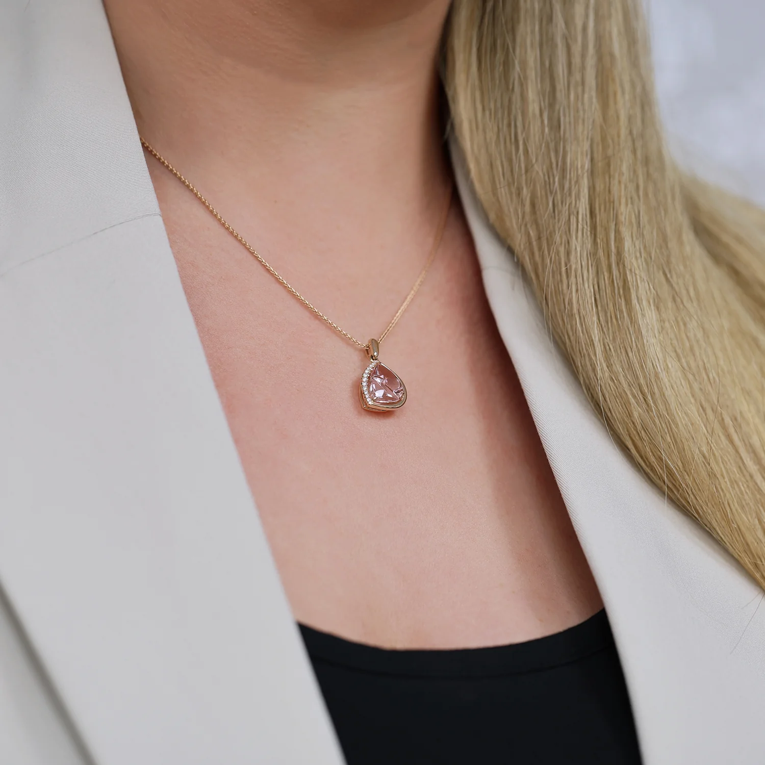 18ct Rose Gold Fantasy 'K' Cut Morganite And Diamond Pendant - Image 3