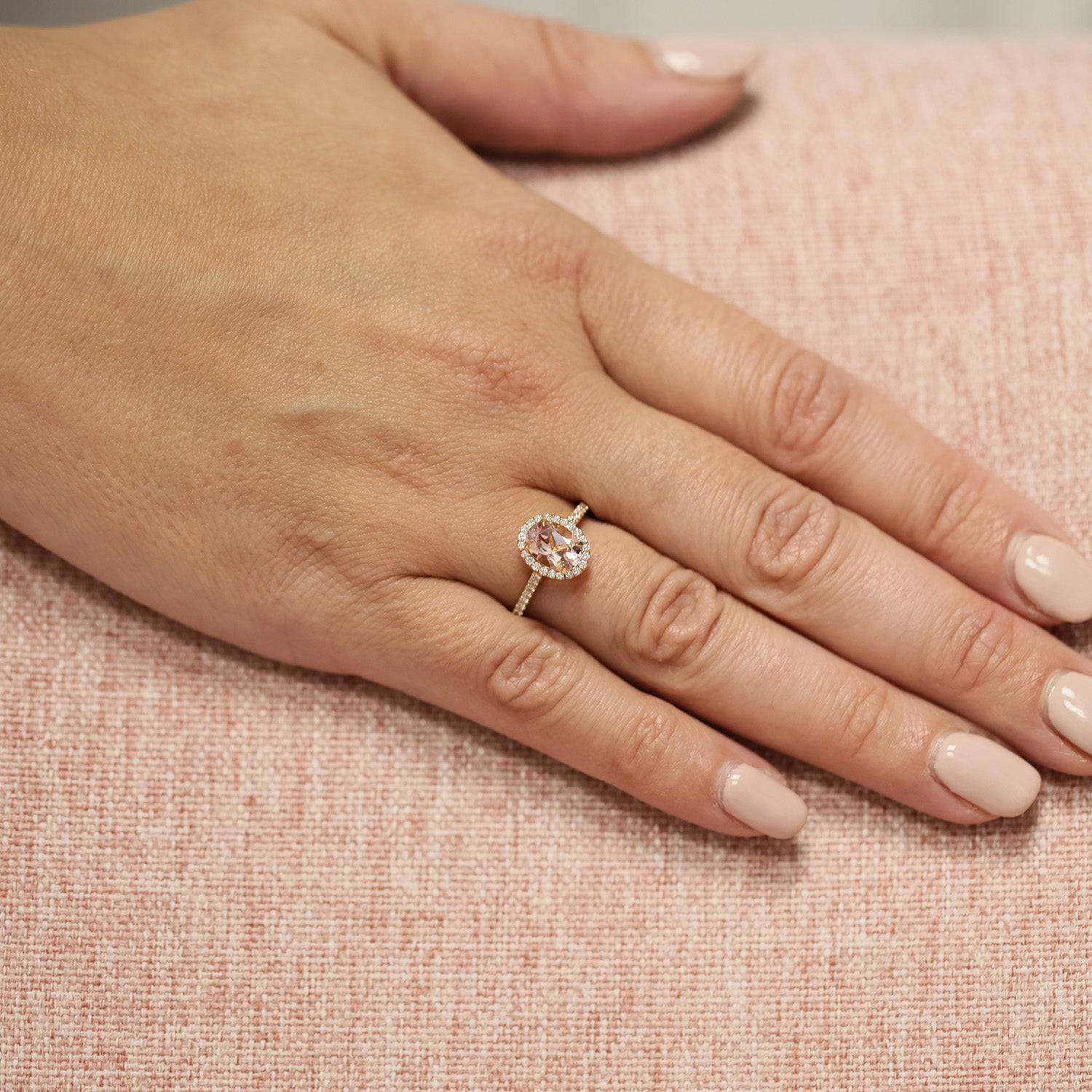 18ct Rose Gold Oval Cut Morganite and Diamond Claw Set Halo Ring with Diamond Shoulders - Image 3