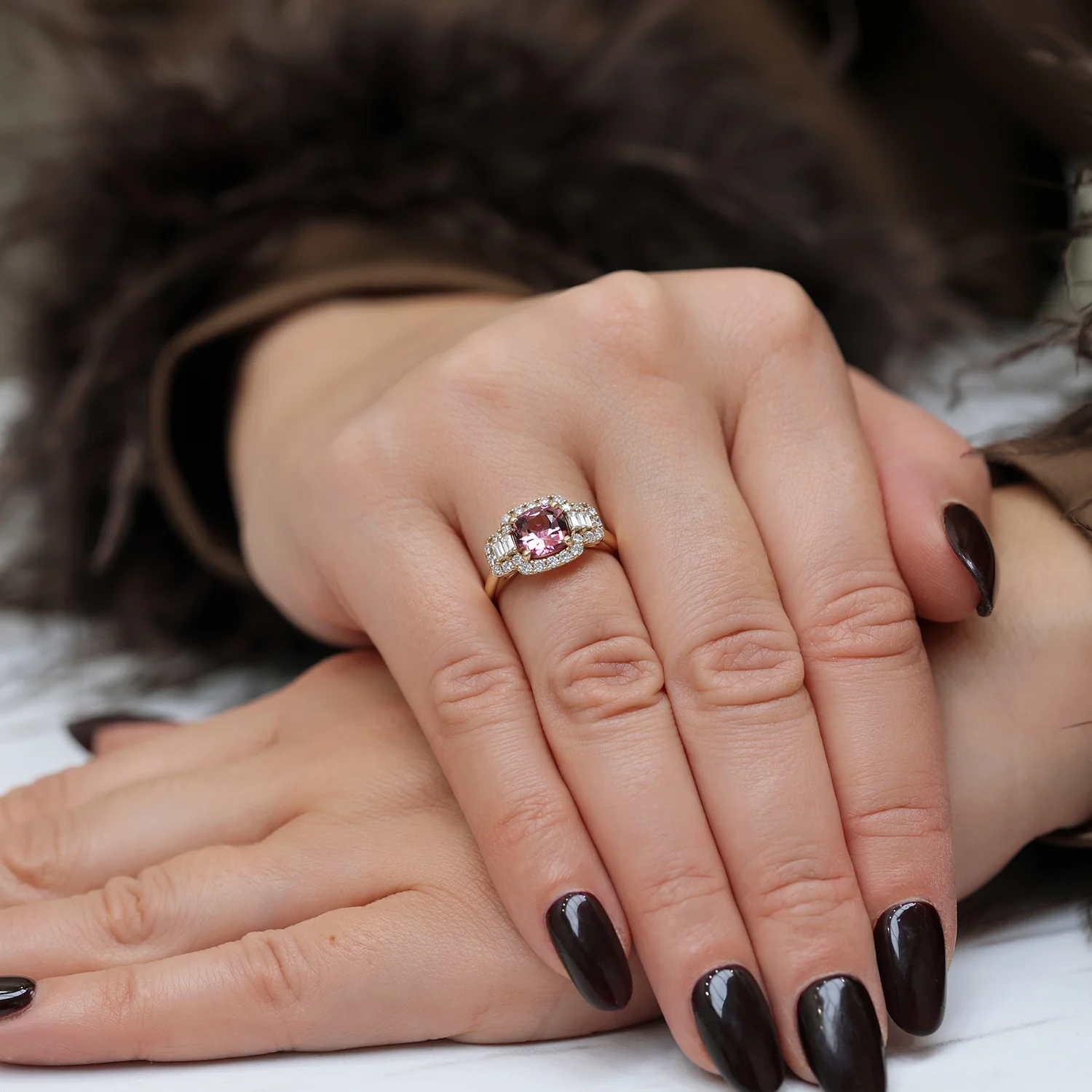 18ct Rose Gold Cushion Cut Pink Tourmaline And Diamond Halo Dress Ring - Image 2