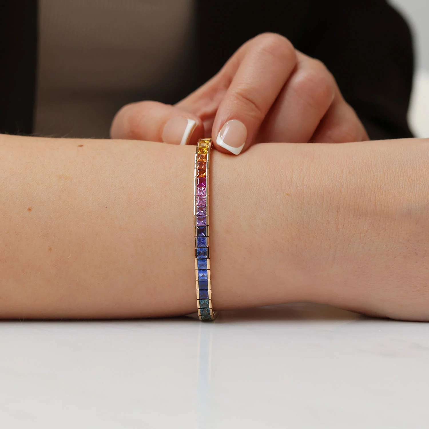 18ct Rose Gold Rainbow Sapphire Tennis Bracelet - Image 2