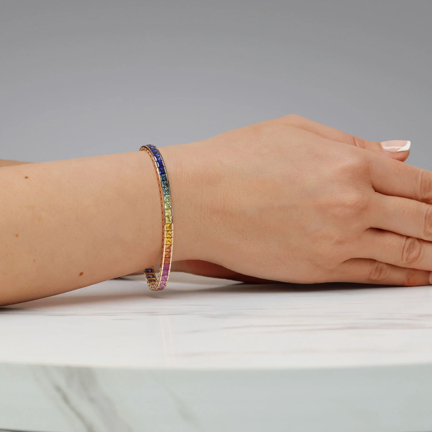 18ct Rose Gold Rainbow Sapphire Tennis Bracelet - Image 5