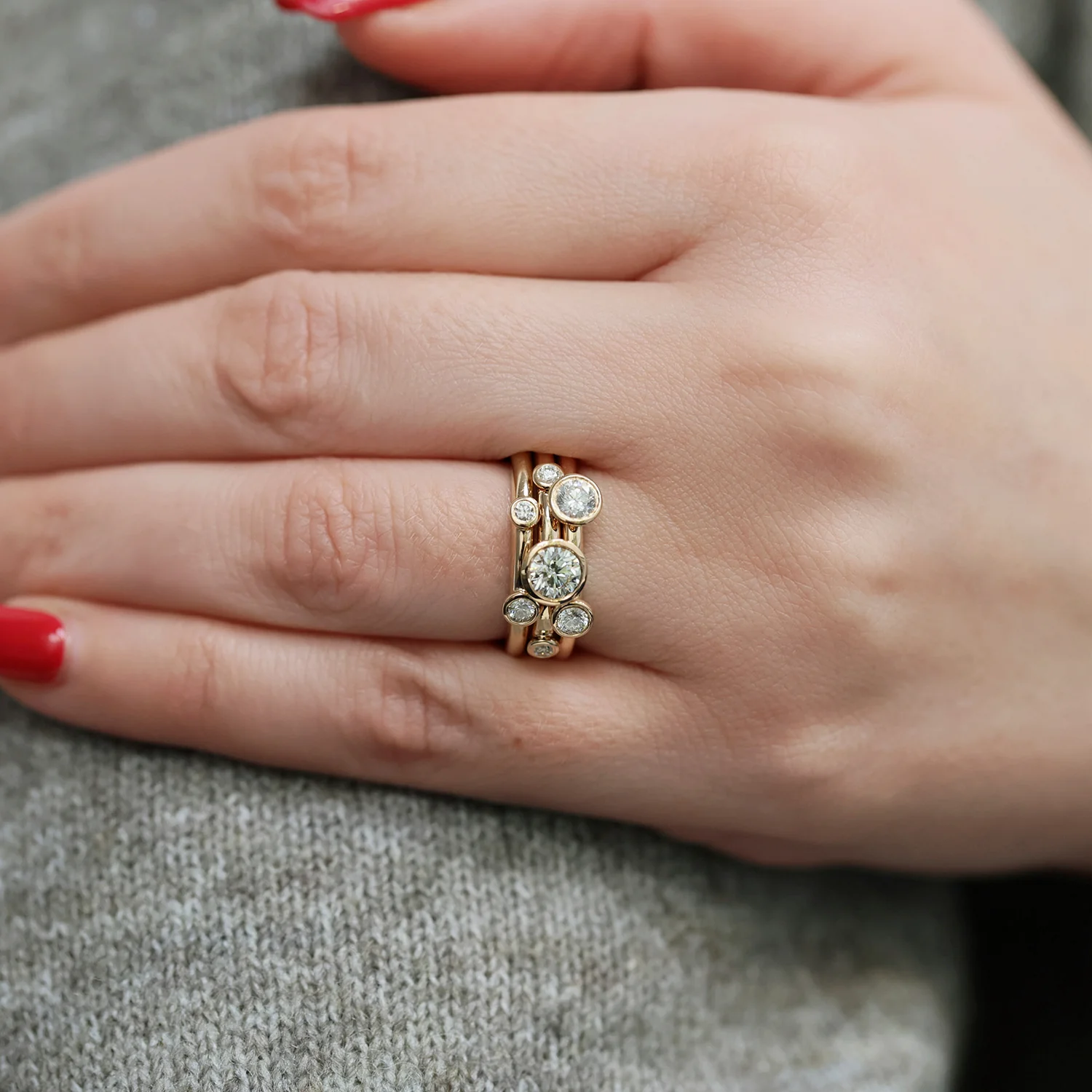 18ct Rose Gold Round Brilliant Cut Diamond Three Stacker Ring - Image 6