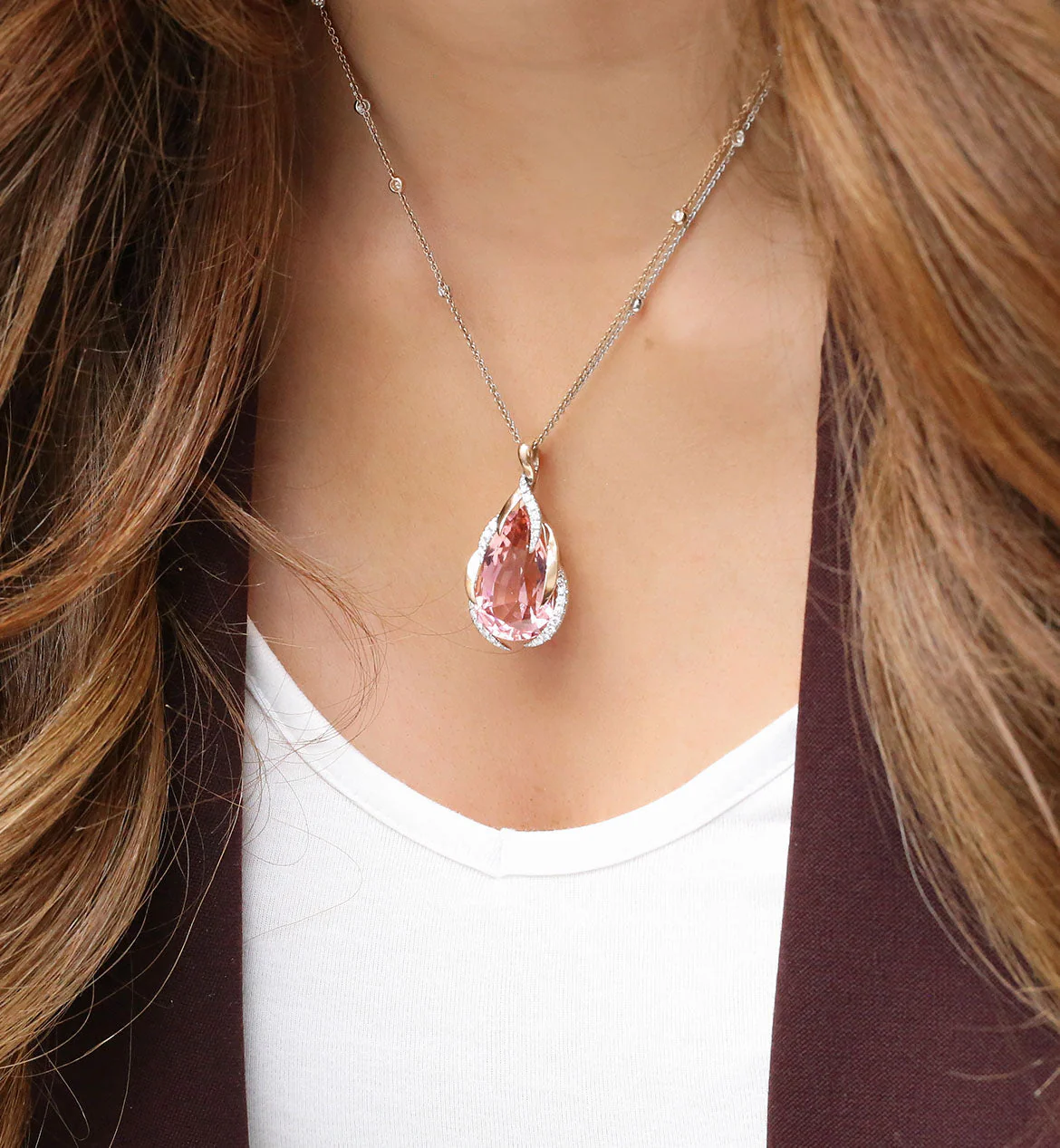 18ct Rose & White Gold Fancy Diamond Set Pink Pear Cut Tourmaline Pendant - Image 2