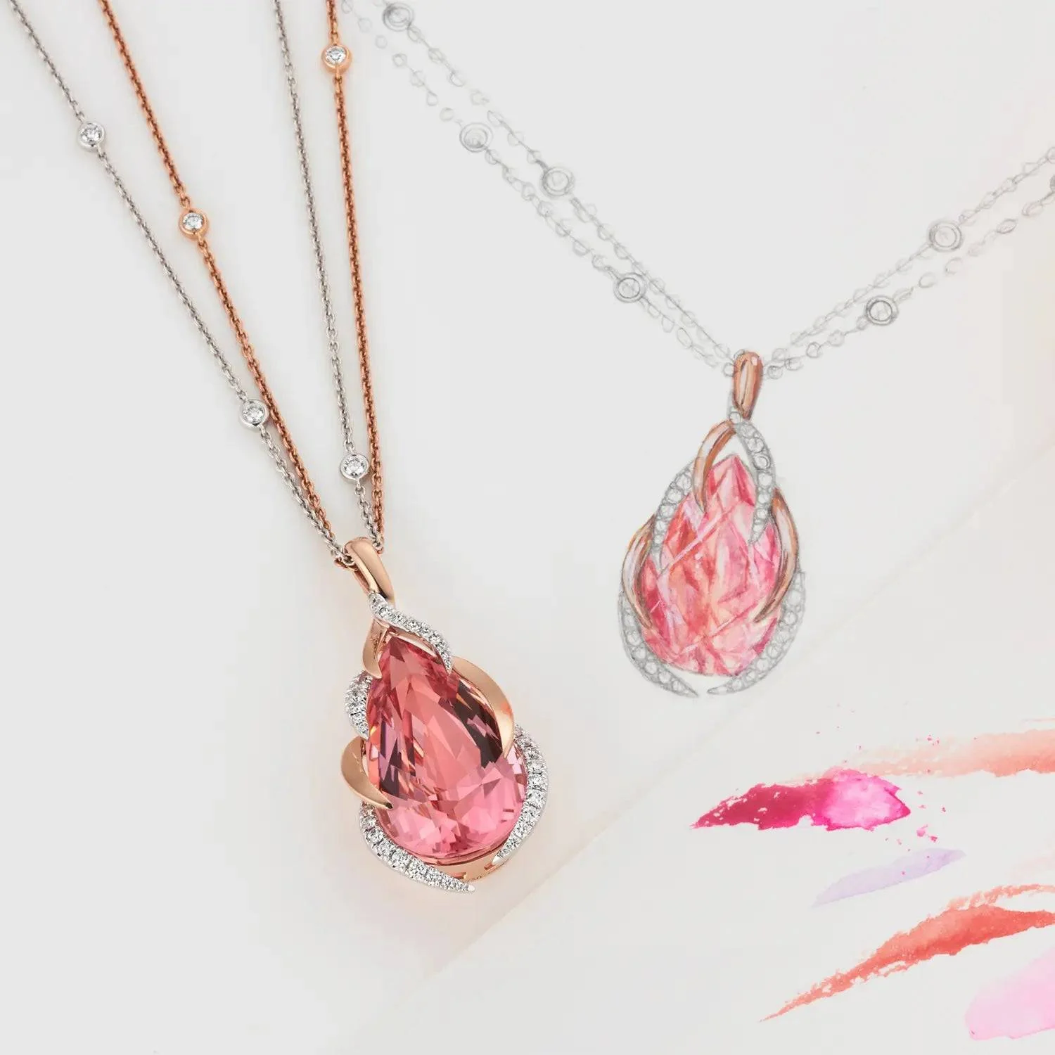 18ct Rose & White Gold Fancy Diamond Set Pink Pear Cut Tourmaline Pendant - Image 4