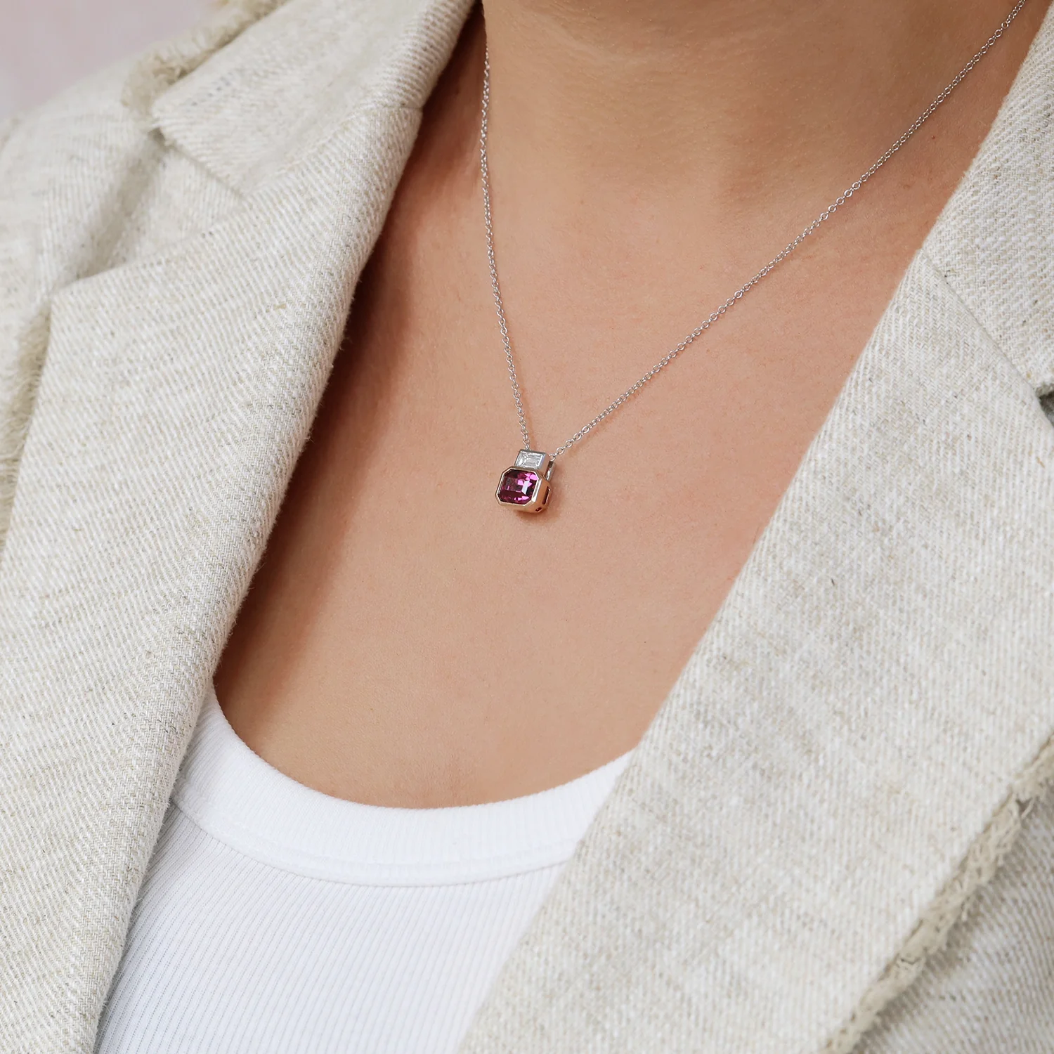 18ct White And Rose Gold Pink Spinel And Baguette Cut Diamond Pendant - Image 2