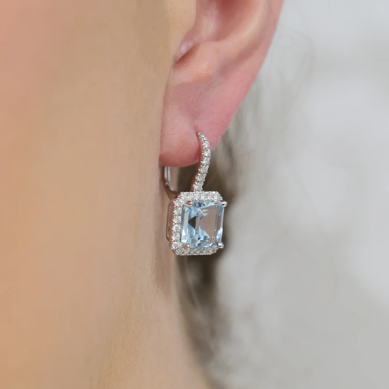 18ct White Gold Aquamarine And Diamond Halo Drop Earrings - Image 2