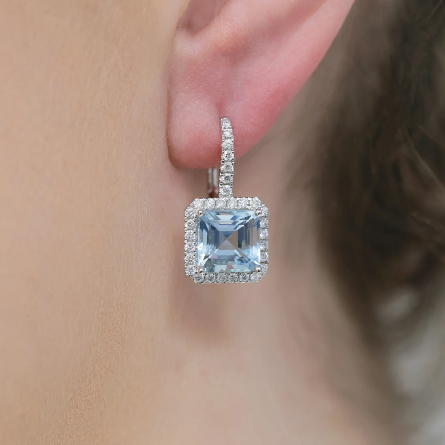 18ct White Gold Aquamarine And Diamond Halo Drop Earrings - Image 3