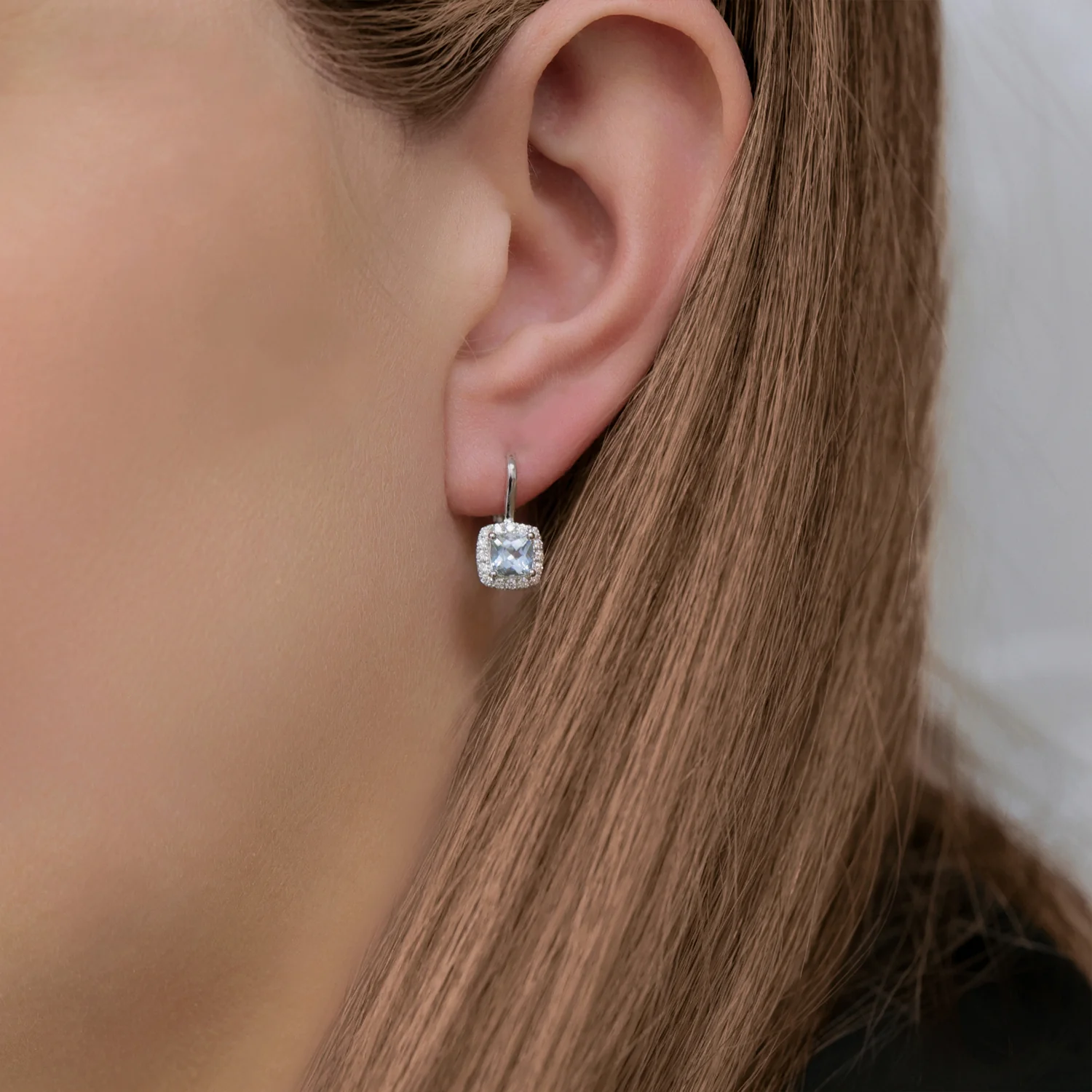 18ct White Gold Aquamarine & Round Brilliant Cut Diamond Halo Earrings - Image 3