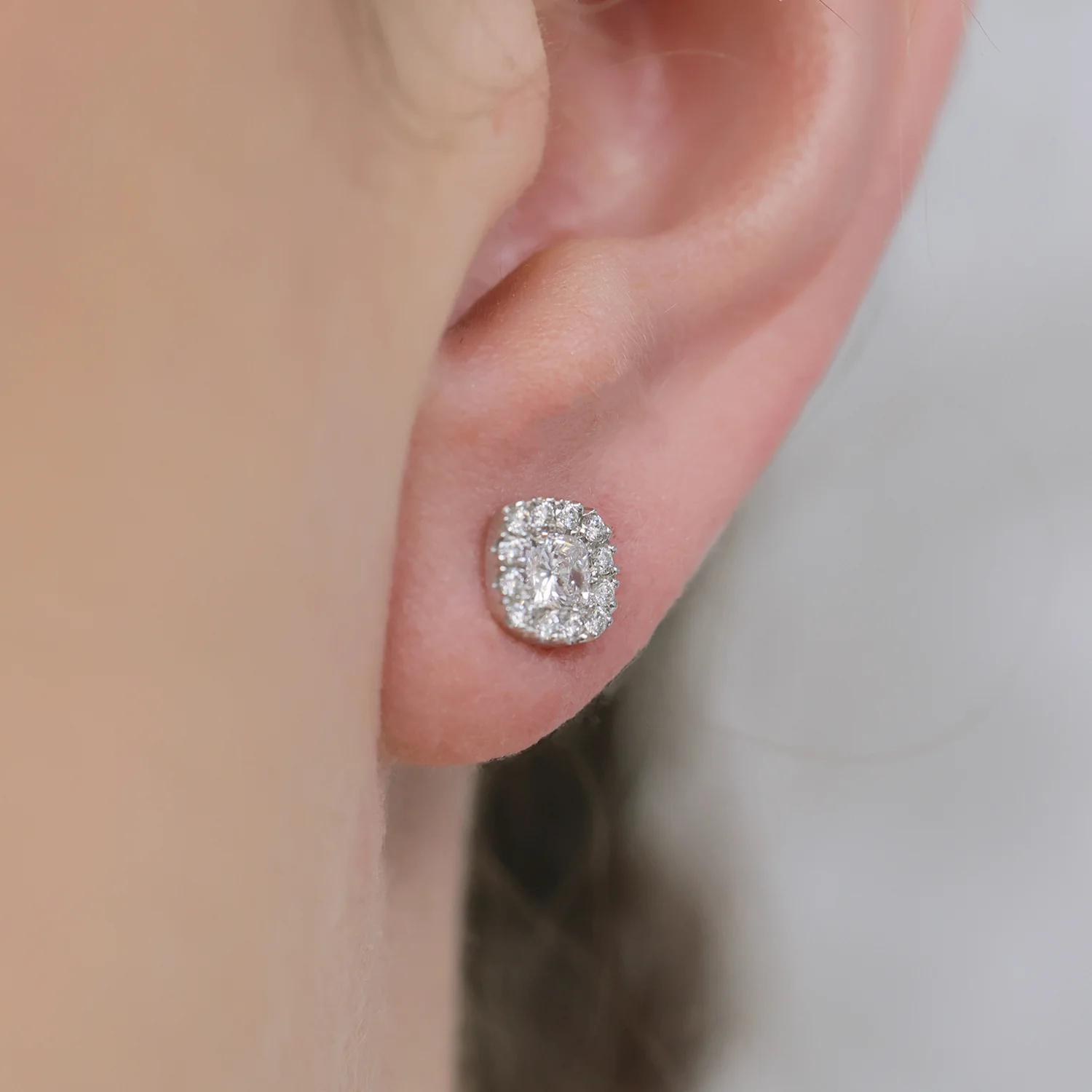 18ct White Gold Cushion Cut Diamond Halo Stud Earrings - Image 2