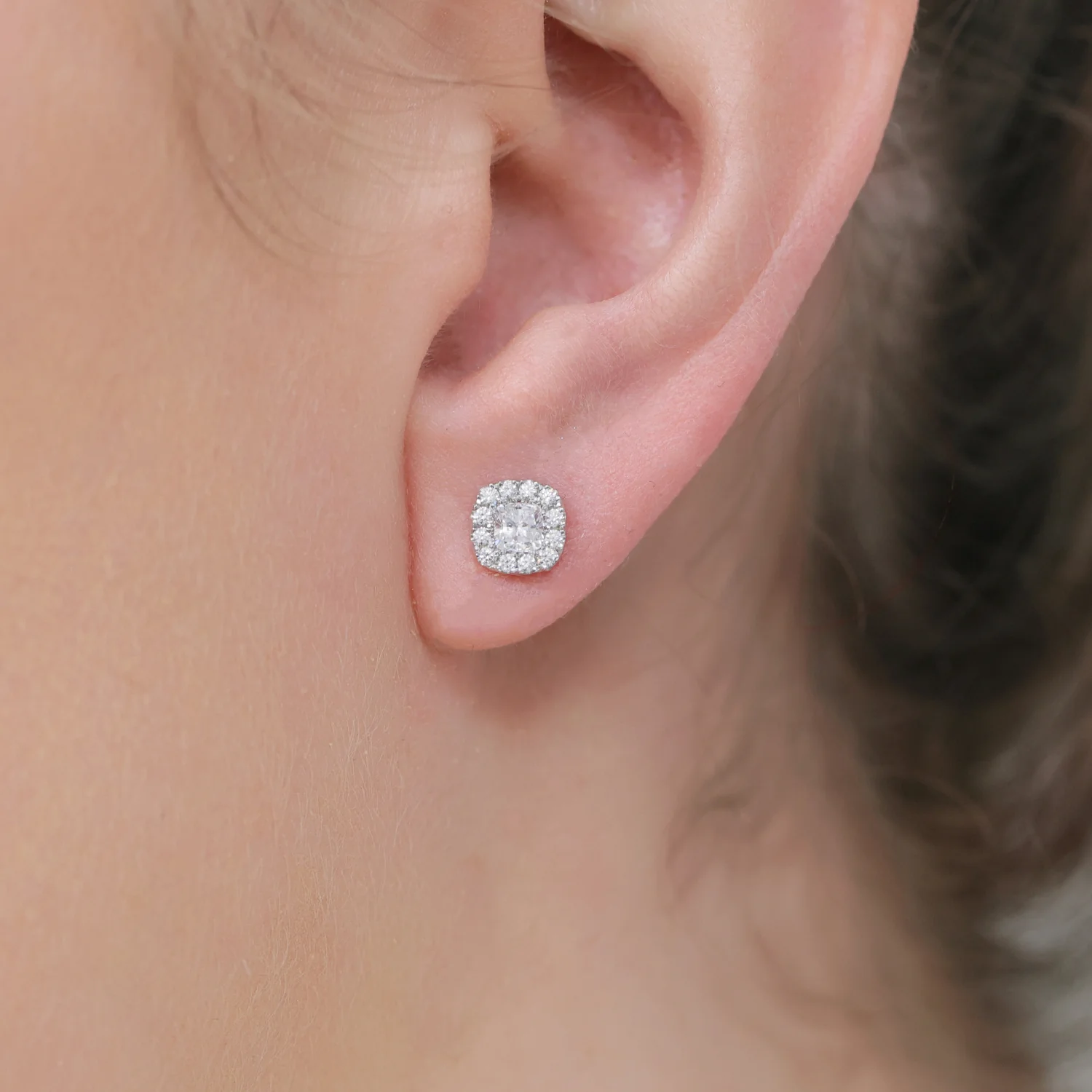 18ct White Gold Cushion Cut Diamond Halo Stud Earrings - Image 3