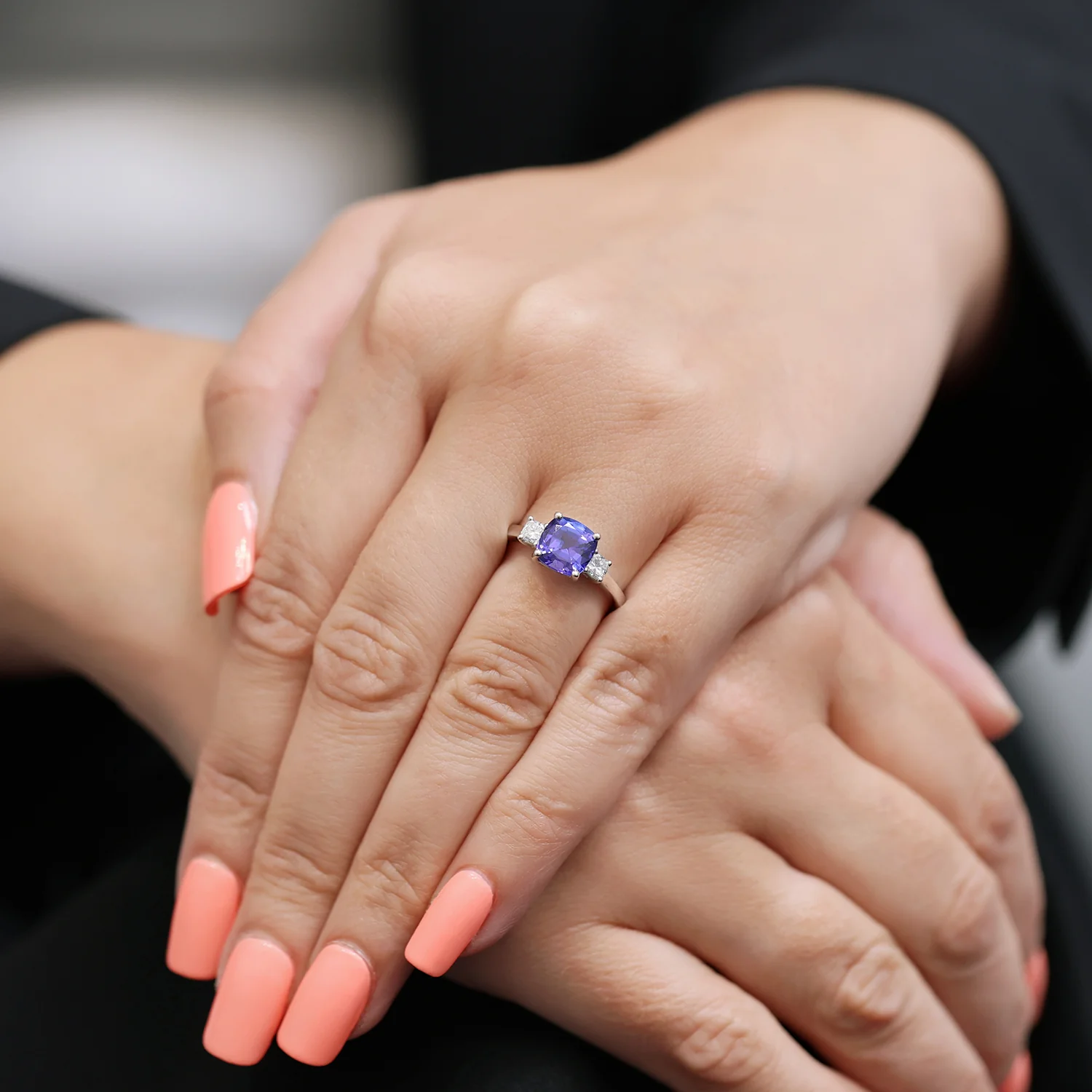 18ct White Gold Cushion Cut Tanzanite And Diamond Three Stone Ring - Image 2