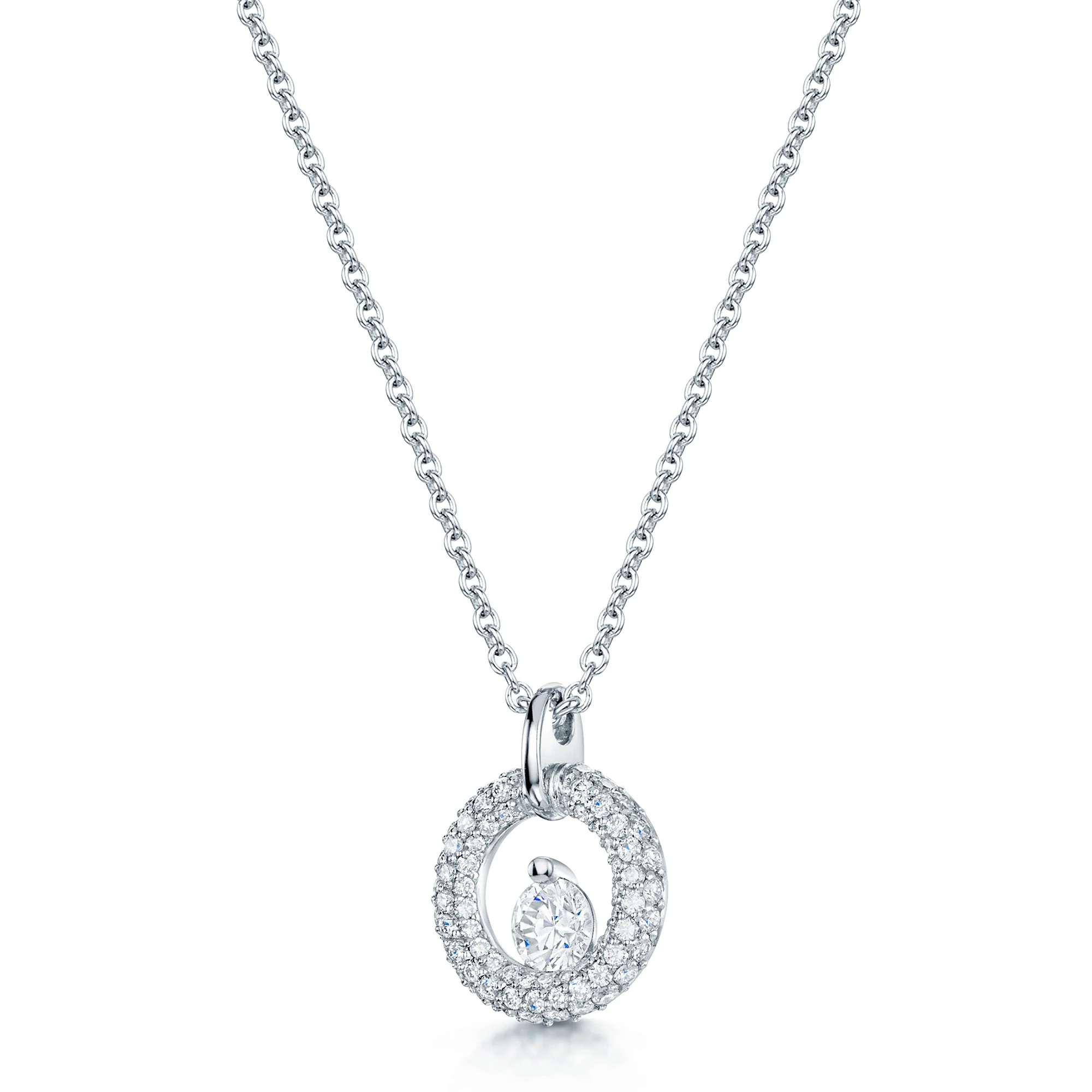18ct White Gold Diamond Circular Pave Set Pendant With A Single Diamond In Centre - Image 2