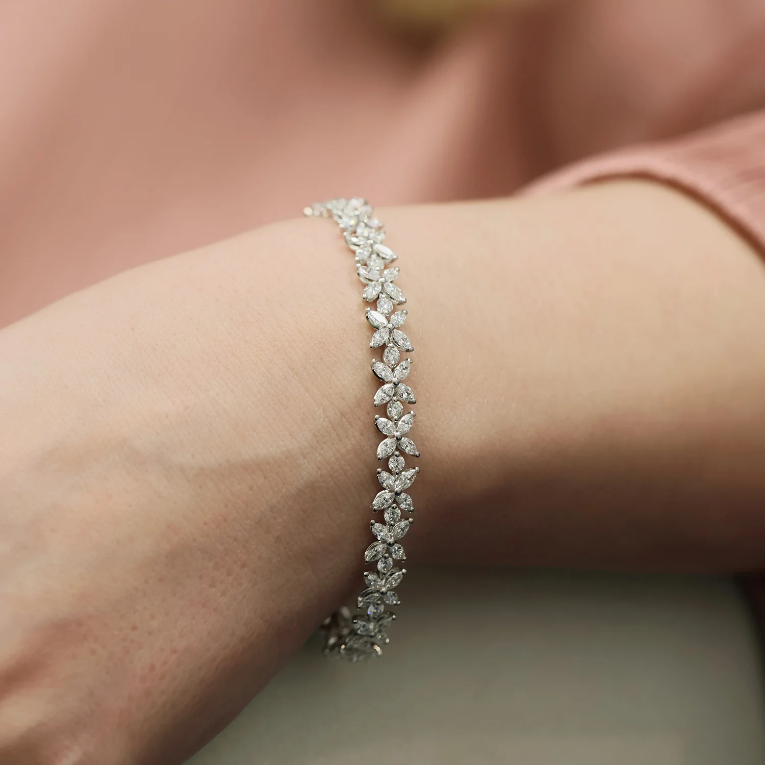 18ct White Gold Marquise And Round Brilliant Cut Diamond Flower Bracelet - Image 2