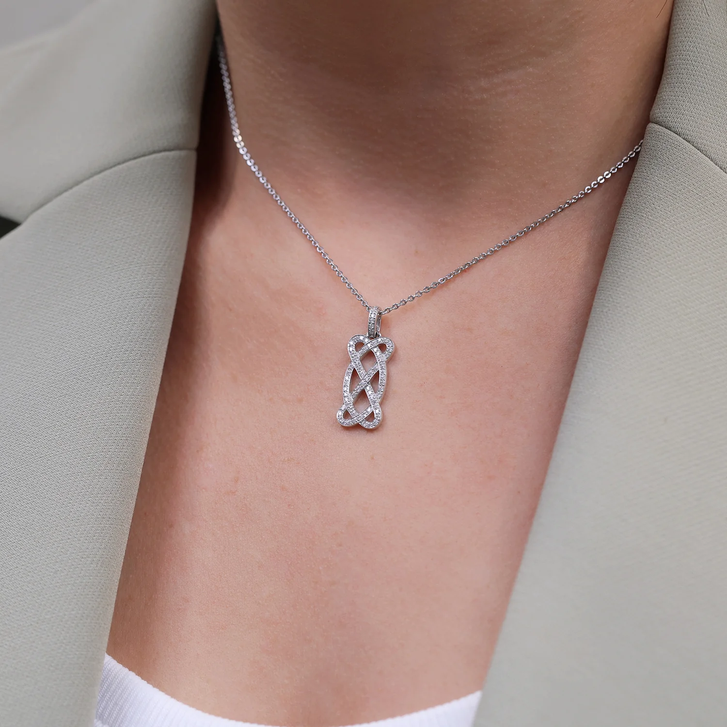18ct White Gold Diamond Pave Set Open Scroll Rectangular Drop Pendant - Image 2