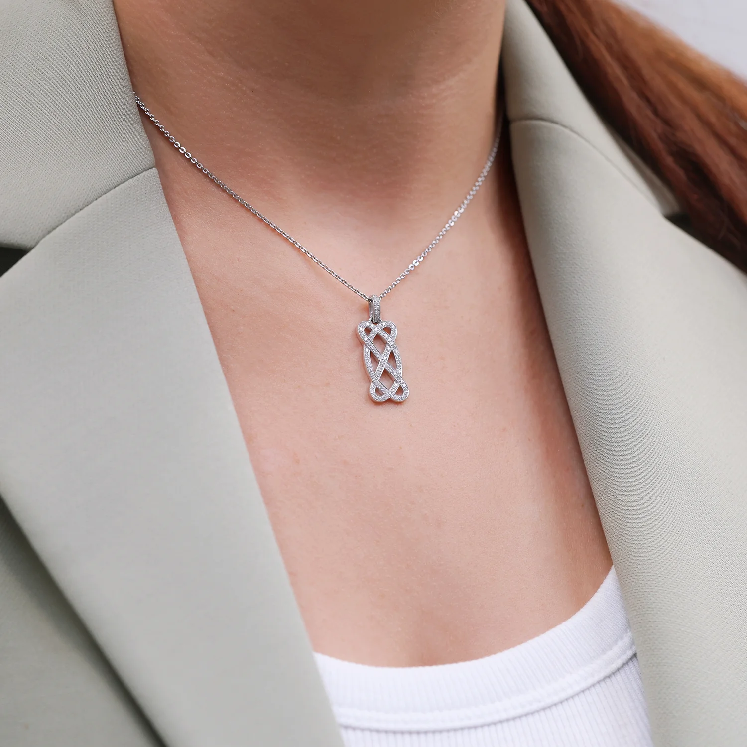 18ct White Gold Diamond Pave Set Open Scroll Rectangular Drop Pendant - Image 3