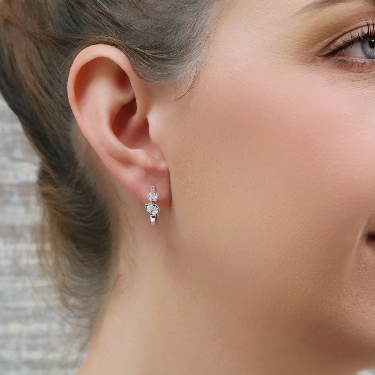 18ct White Gold Pear And Round Brilliant Cut Diamond Rub Over Set Hoop Earrings - Image 2