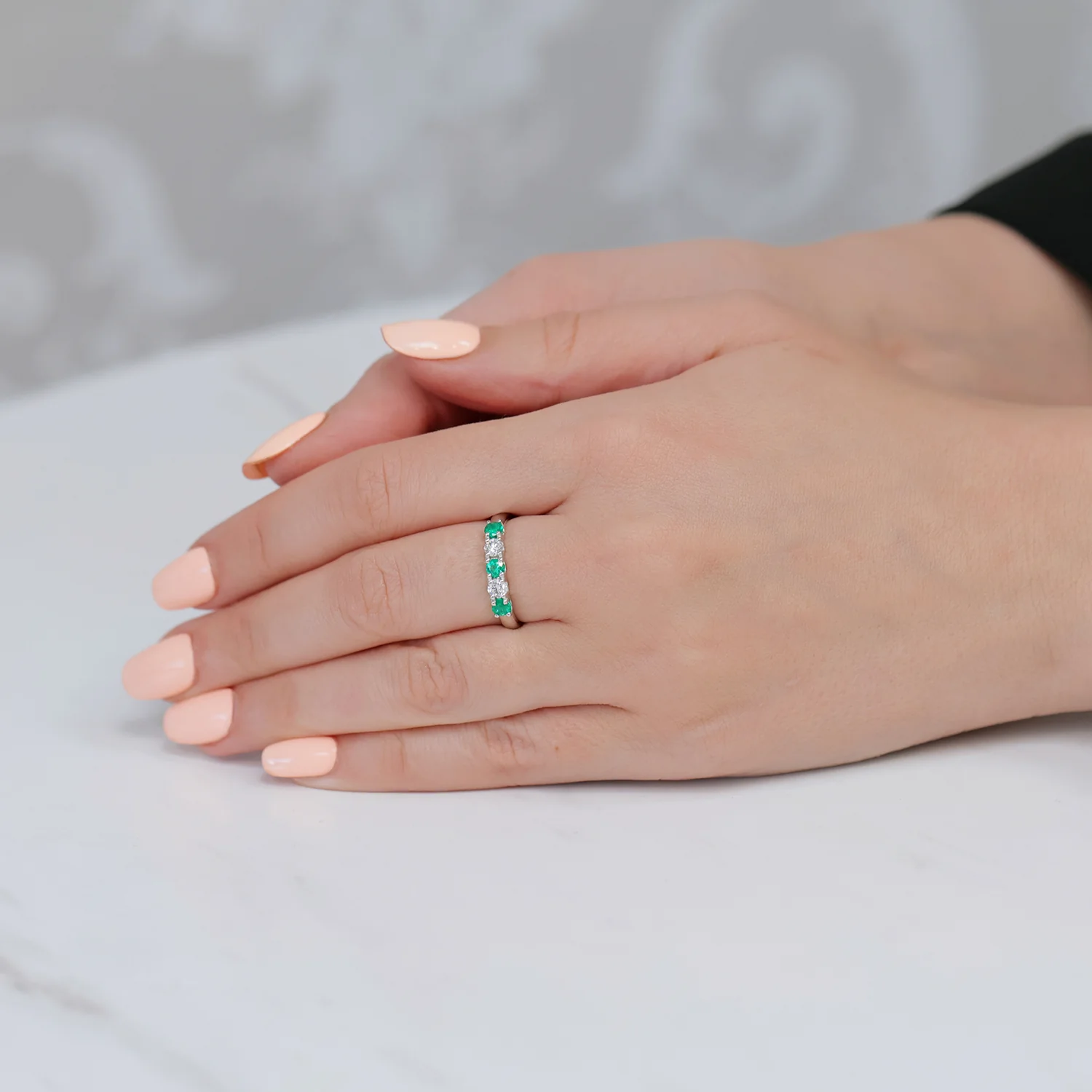 18ct White Gold Emerald And Diamond Half Eternity Ring - Image 2