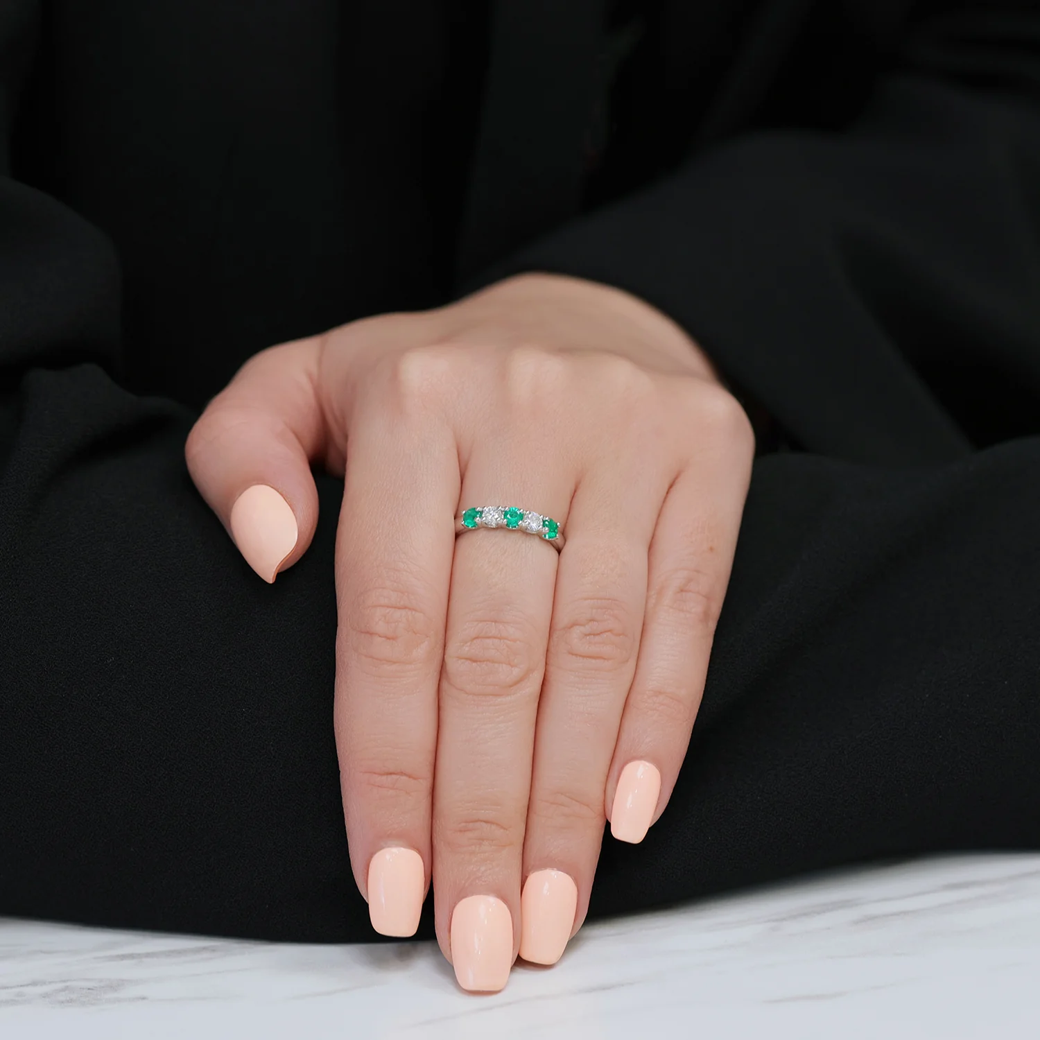 18ct White Gold Emerald And Diamond Half Eternity Ring - Image 3
