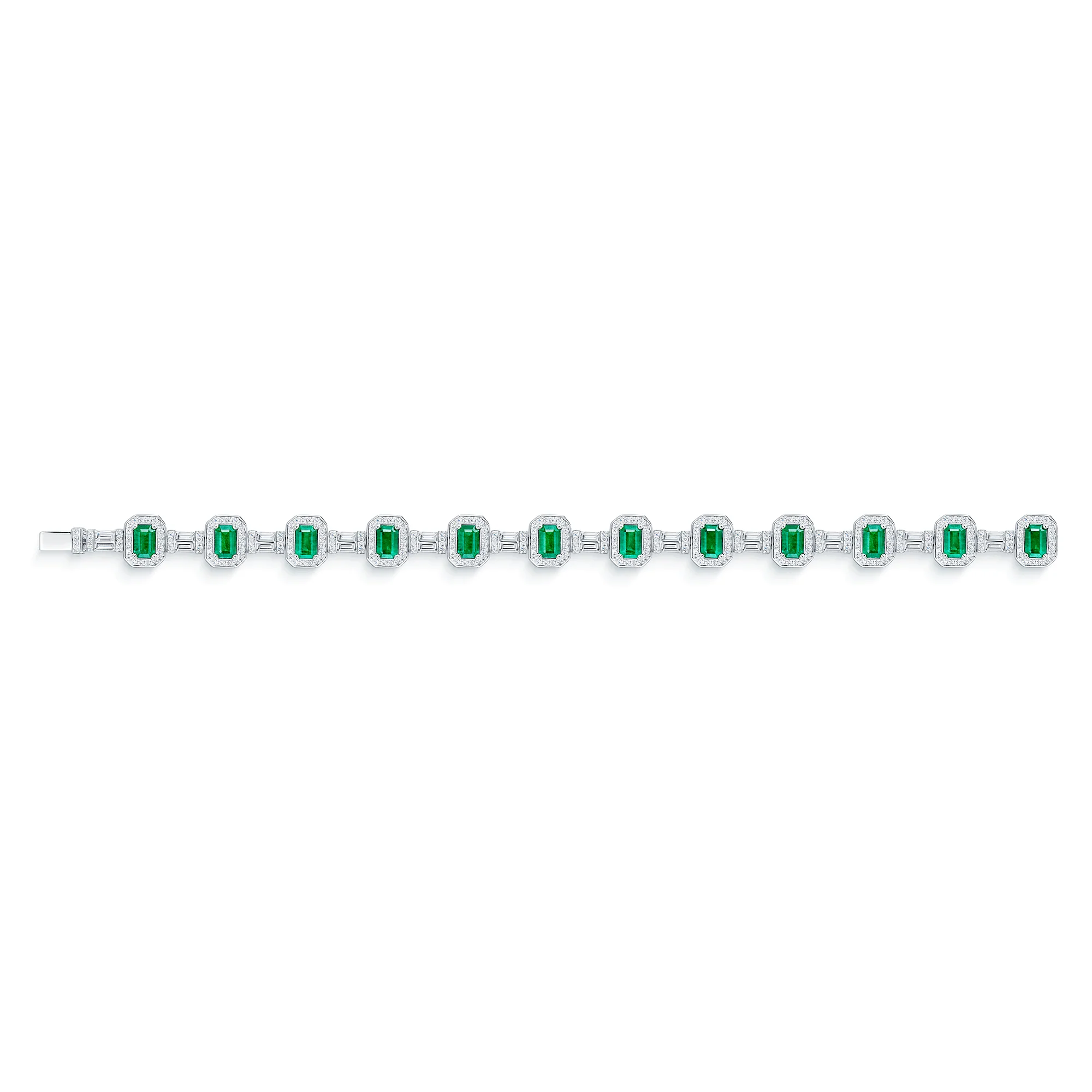 18ct White Gold Emerald And Diamond Halo Vintage Tennis Bracelet - Image 3
