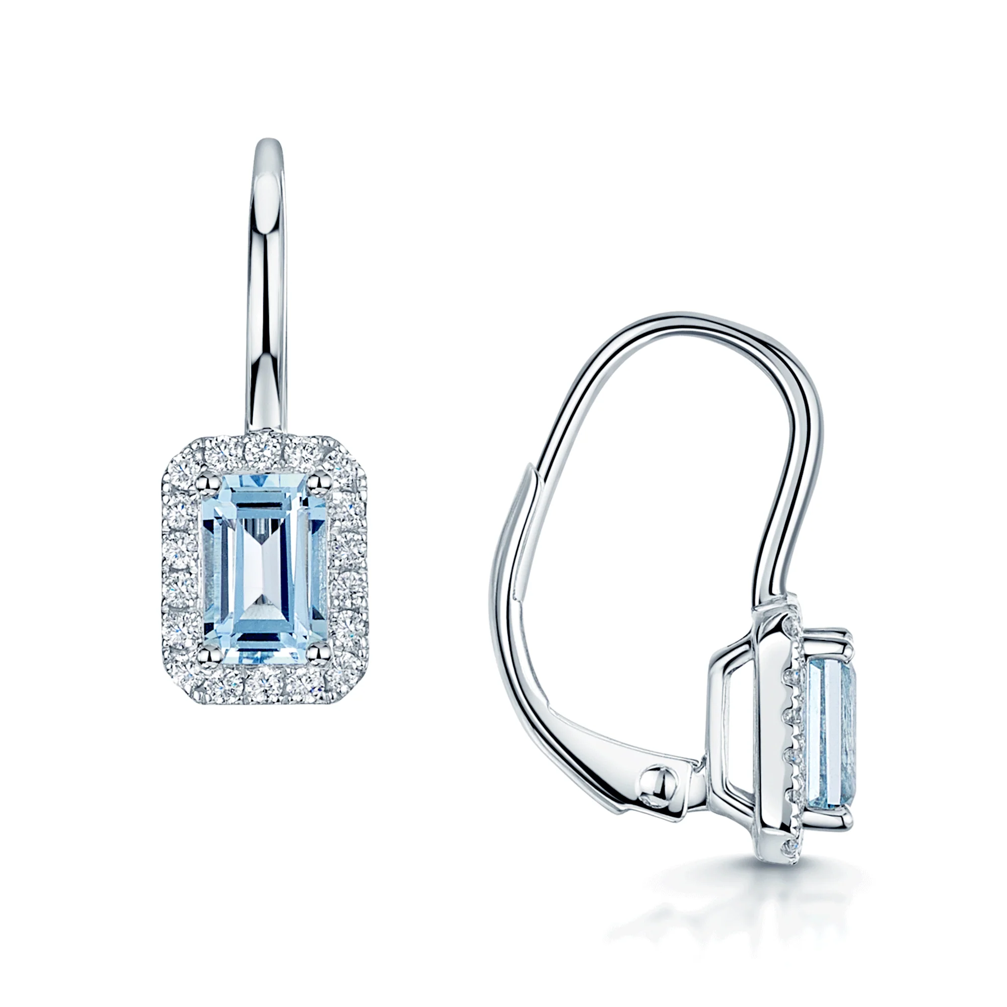 18ct White Gold Emerald Cut Aquamarine & Round Brilliant Cut Diamond Halo Earrings - Image 2