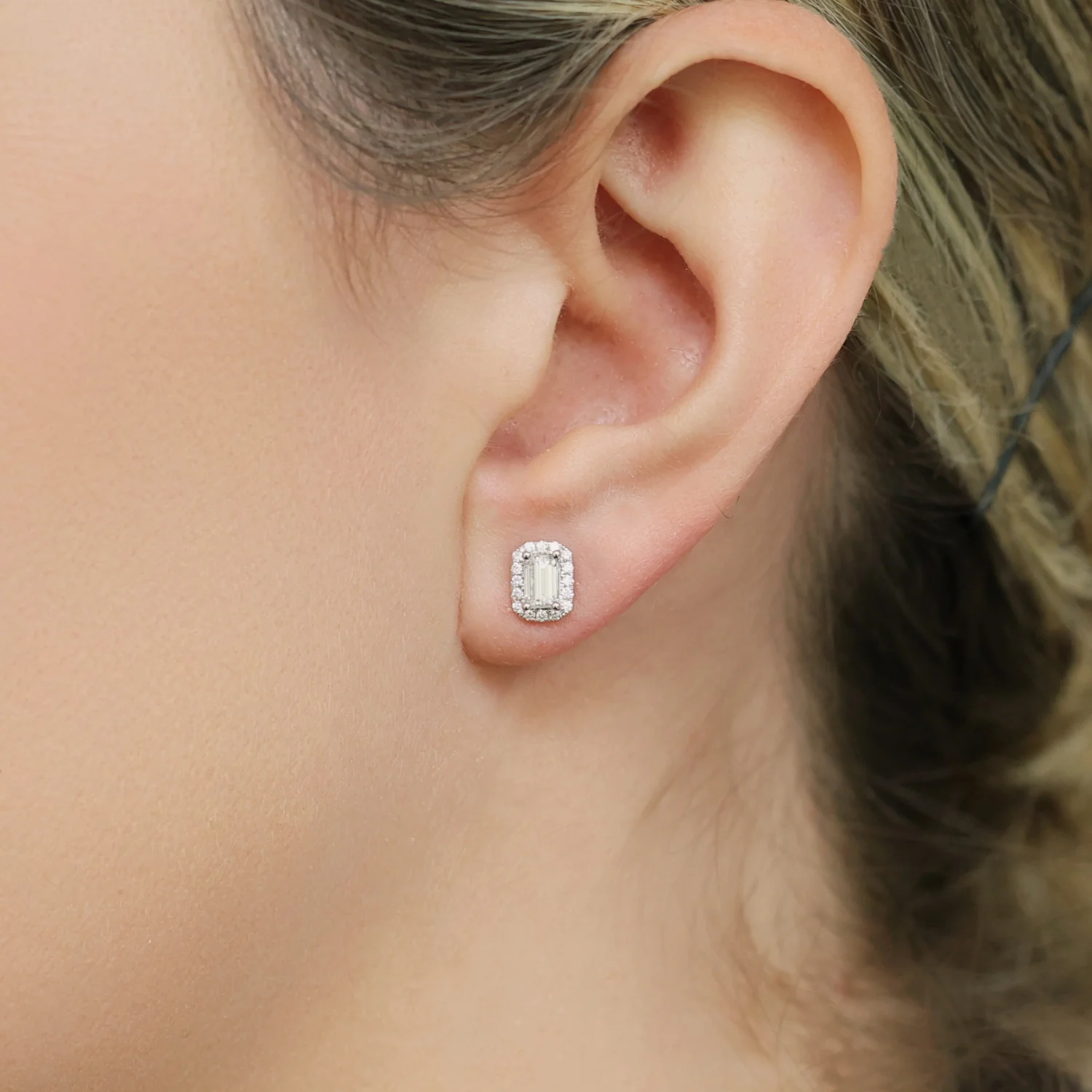 18ct White Gold Emerald Cut Diamond Halo Stud Earrings - Image 3