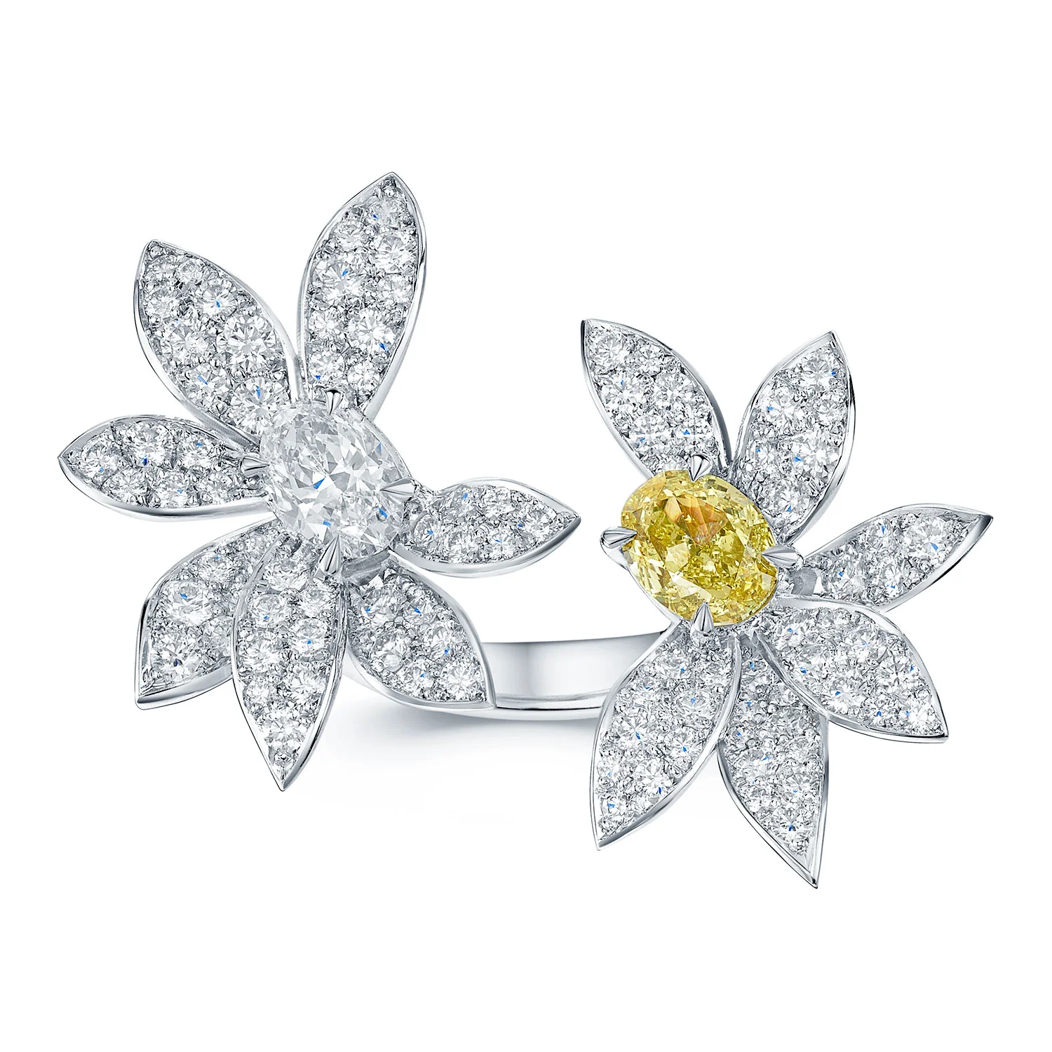 18ct White Gold Fancy Yellow and White Oval Cut Diamond Pave Diamond Flower Dress Ring - Image 2