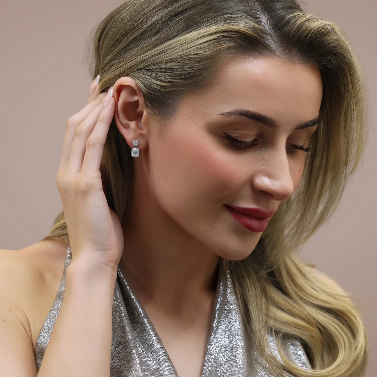 18ct White Gold GIA Certificated Emerald Cut And Round Brilliant Cut Diamond Halo Drop Earrings - Image 2