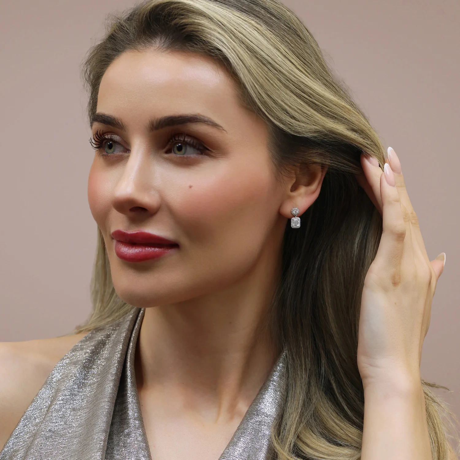 18ct White Gold GIA Certificated Emerald Cut And Round Brilliant Cut Diamond Halo Drop Earrings - Image 3