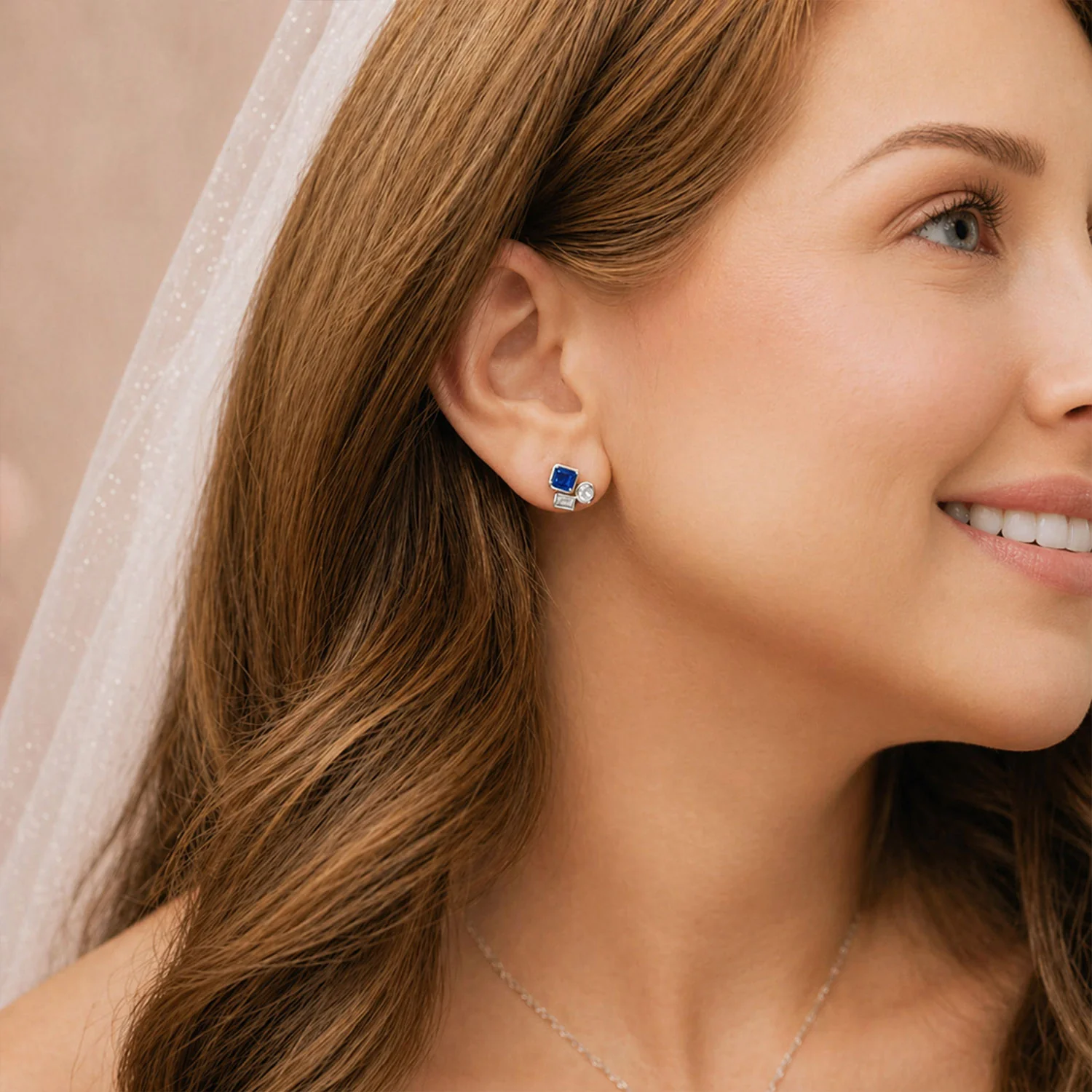 18ct White Gold Mixed Cut Sapphire And Diamond Rub Over Stud Earrings - Image 3