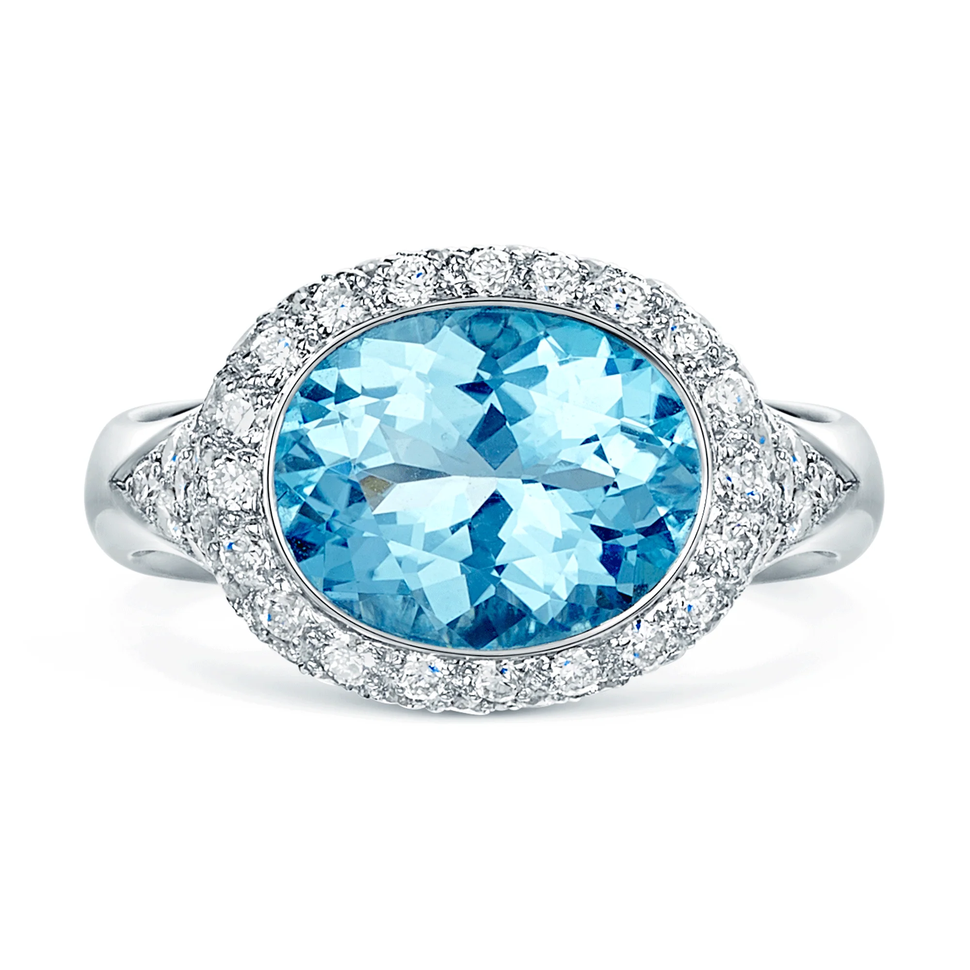18ct White Gold Oval Blue Topaz Ring With Diamond Pave Set Halo & Sides - Image 2