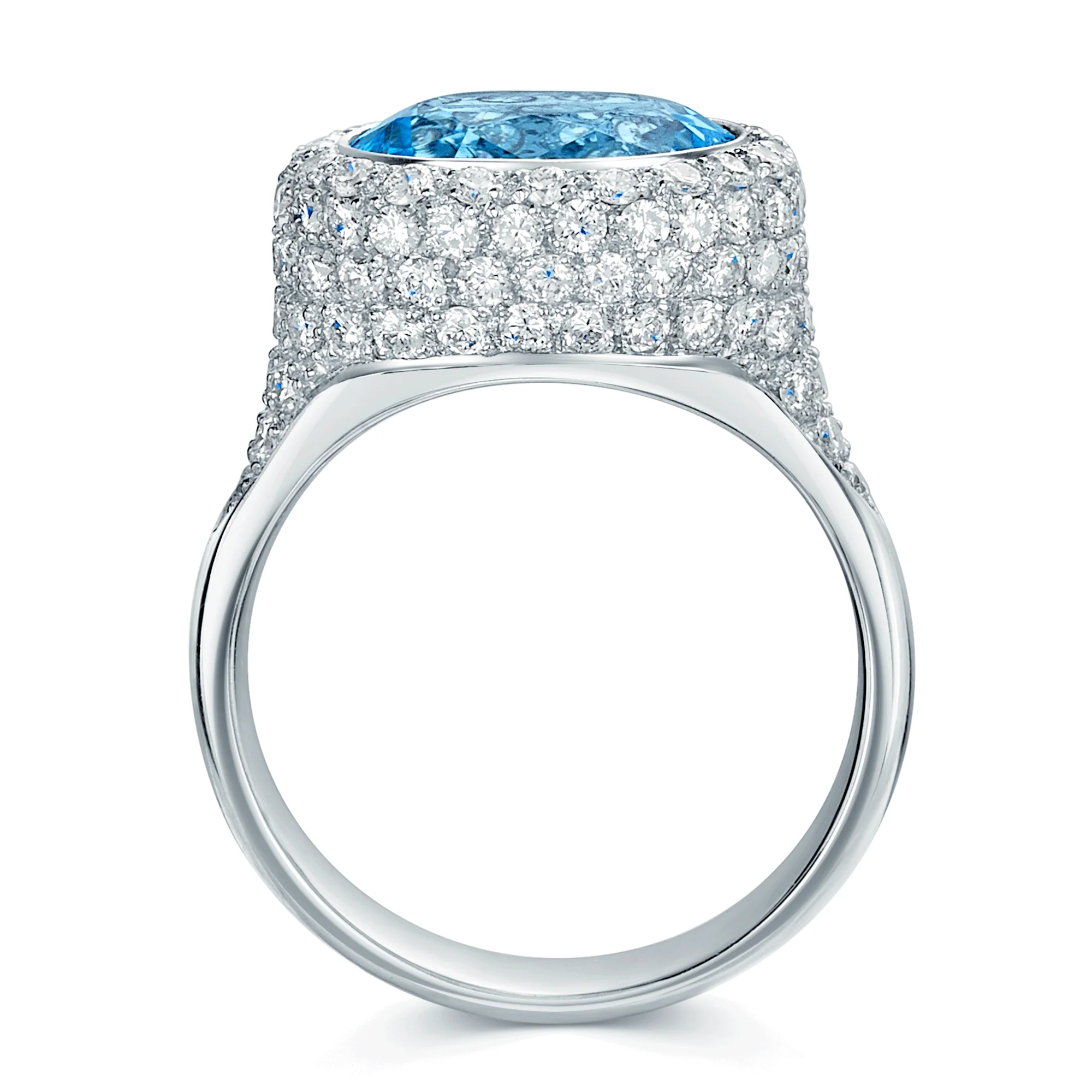 18ct White Gold Oval Blue Topaz Ring With Diamond Pave Set Halo & Sides - Image 3