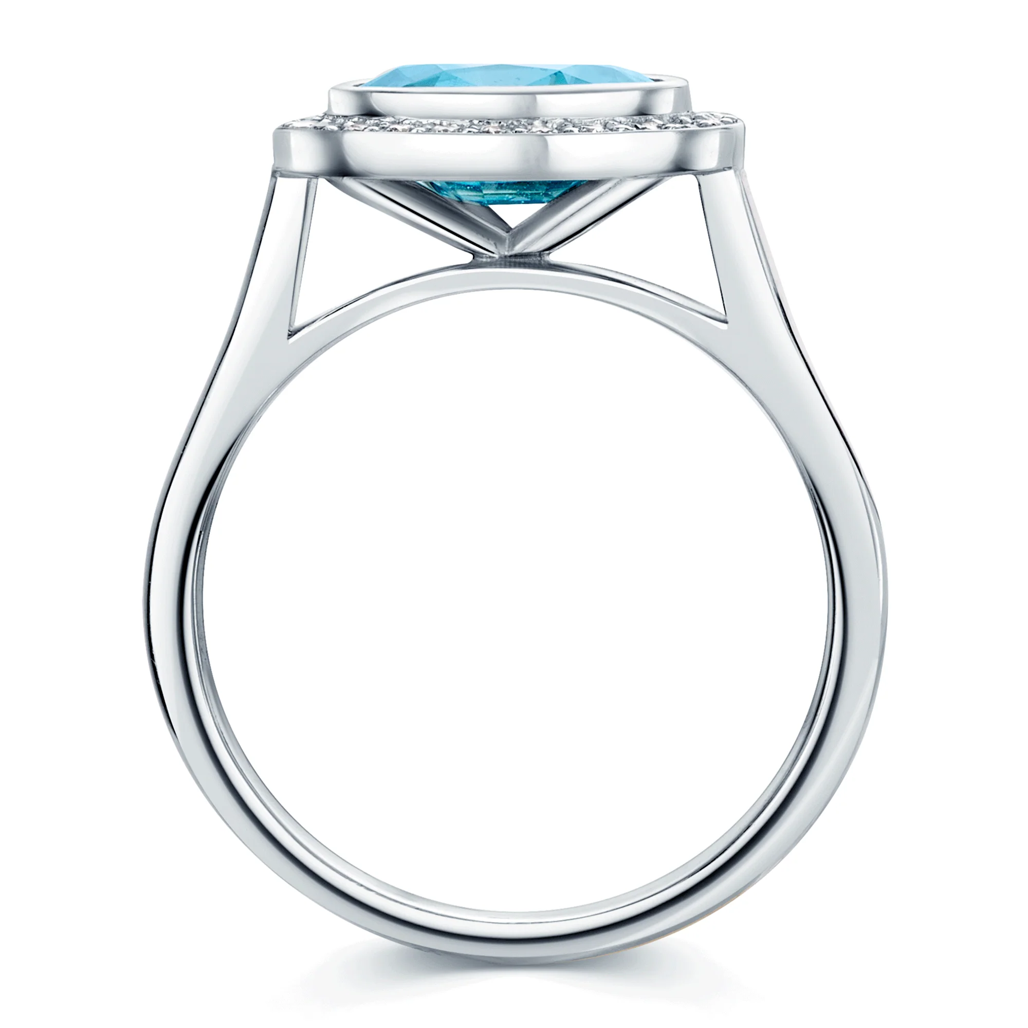 18ct White Gold Oval Cut Blue Zircon And Round Brilliant Diamond Rub Over Halo Dress Ring - Image 3