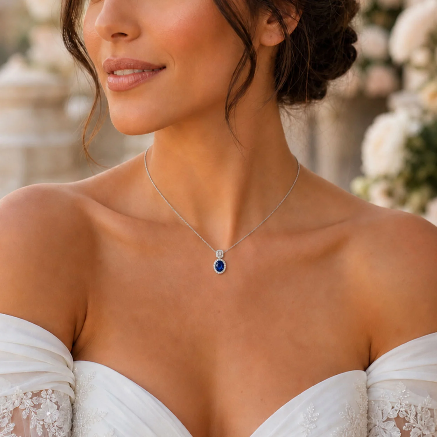 18ct White Gold Oval Sapphire And Diamond Double Halo Pendant - Image 2