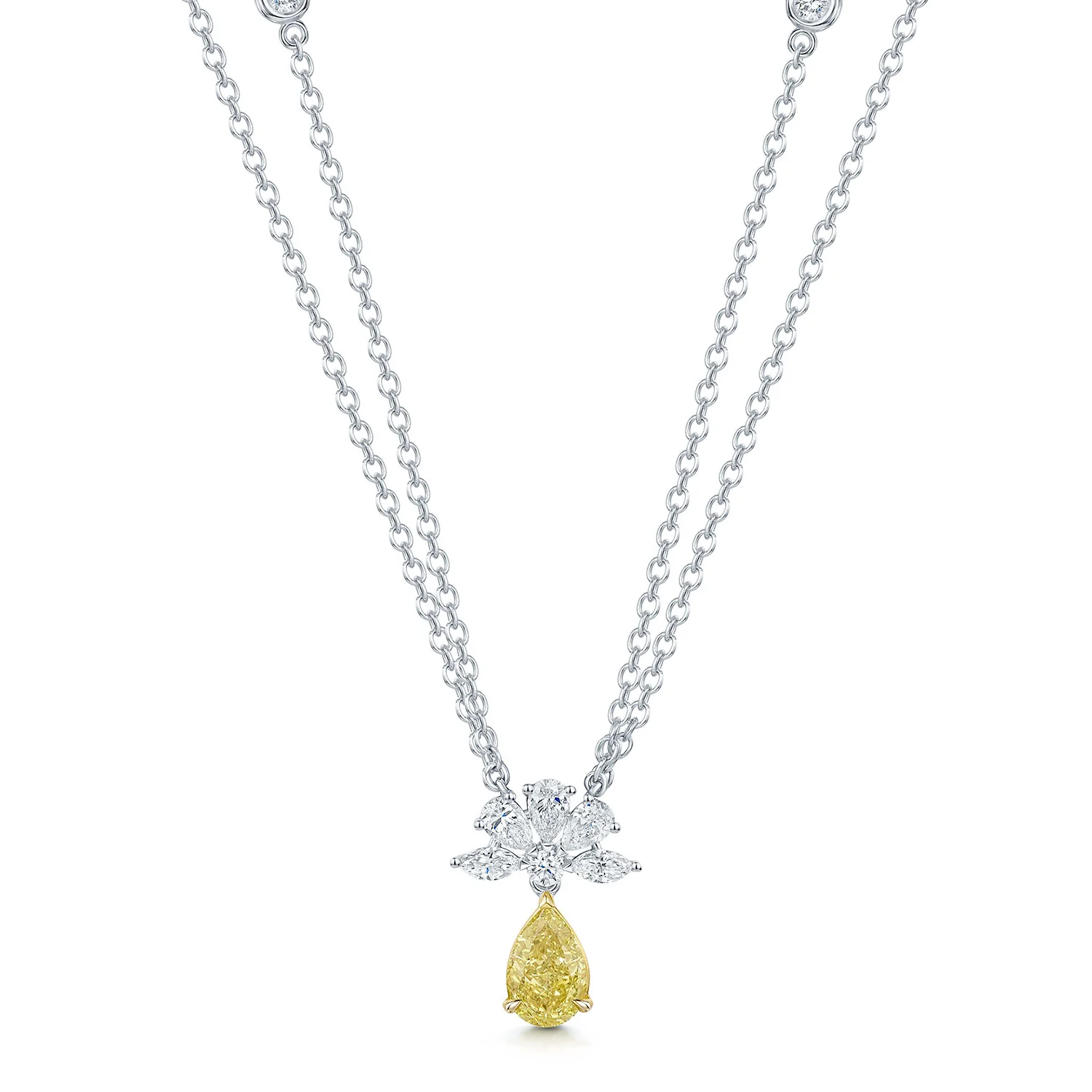 18ct White Gold GIA Certified Pear Cut Fancy Intense Yellow & White Diamond Floral Cluster Pendant - Image 4