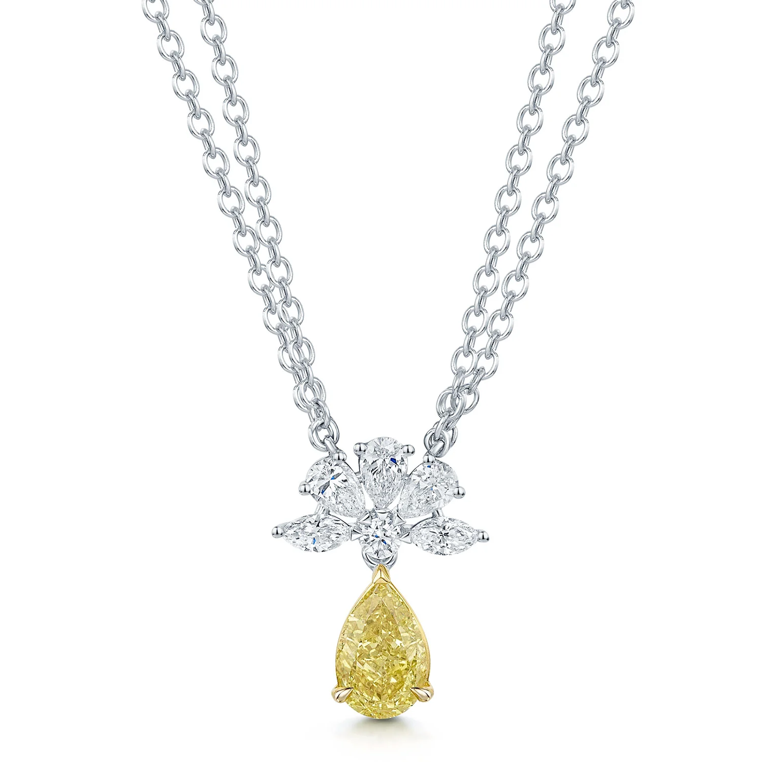 18ct White Gold GIA Certified Pear Cut Fancy Intense Yellow & White Diamond Floral Cluster Pendant - Image 5