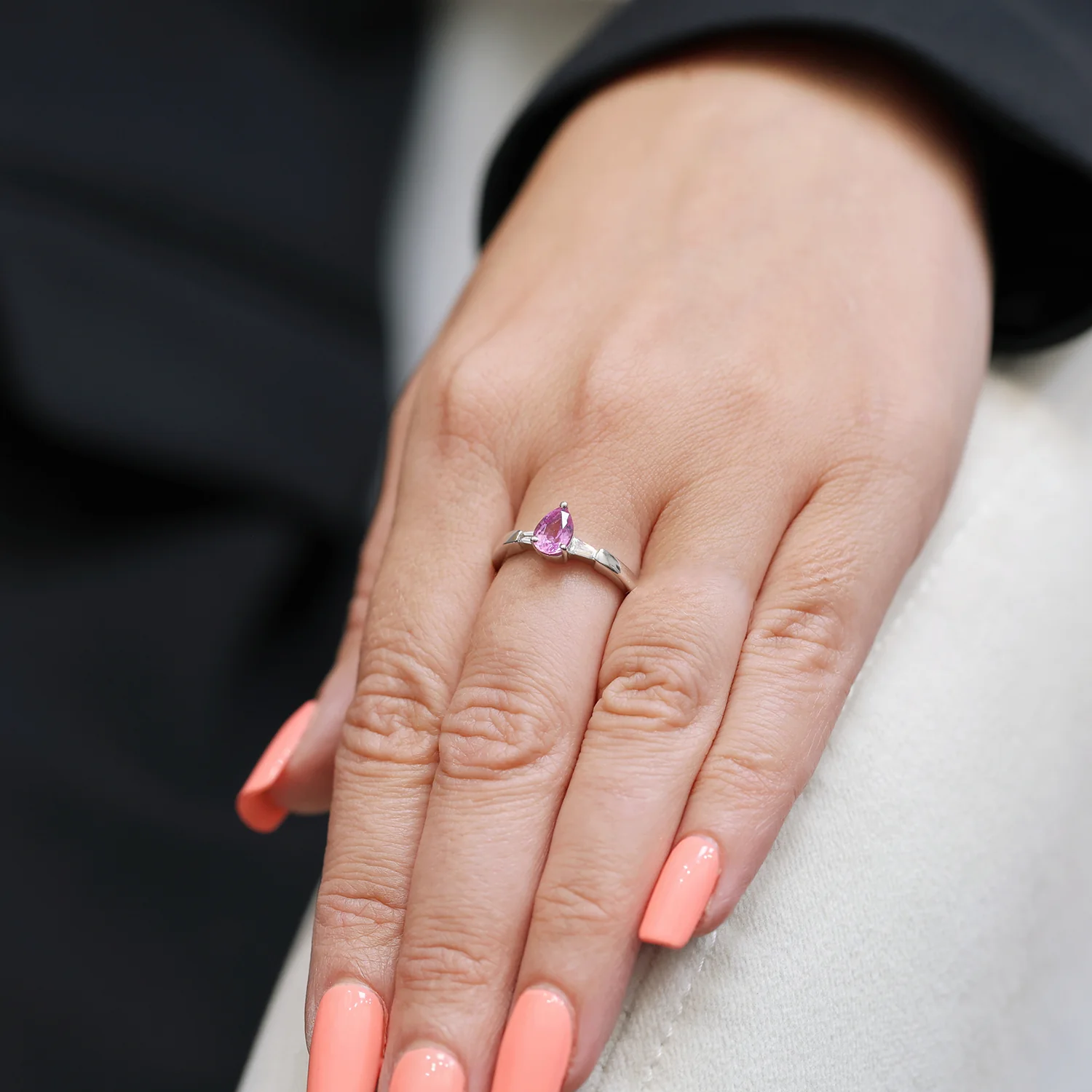 18ct White Gold Pear Cut Pink Sapphire And Diamond Three Stone Ring - Image 2