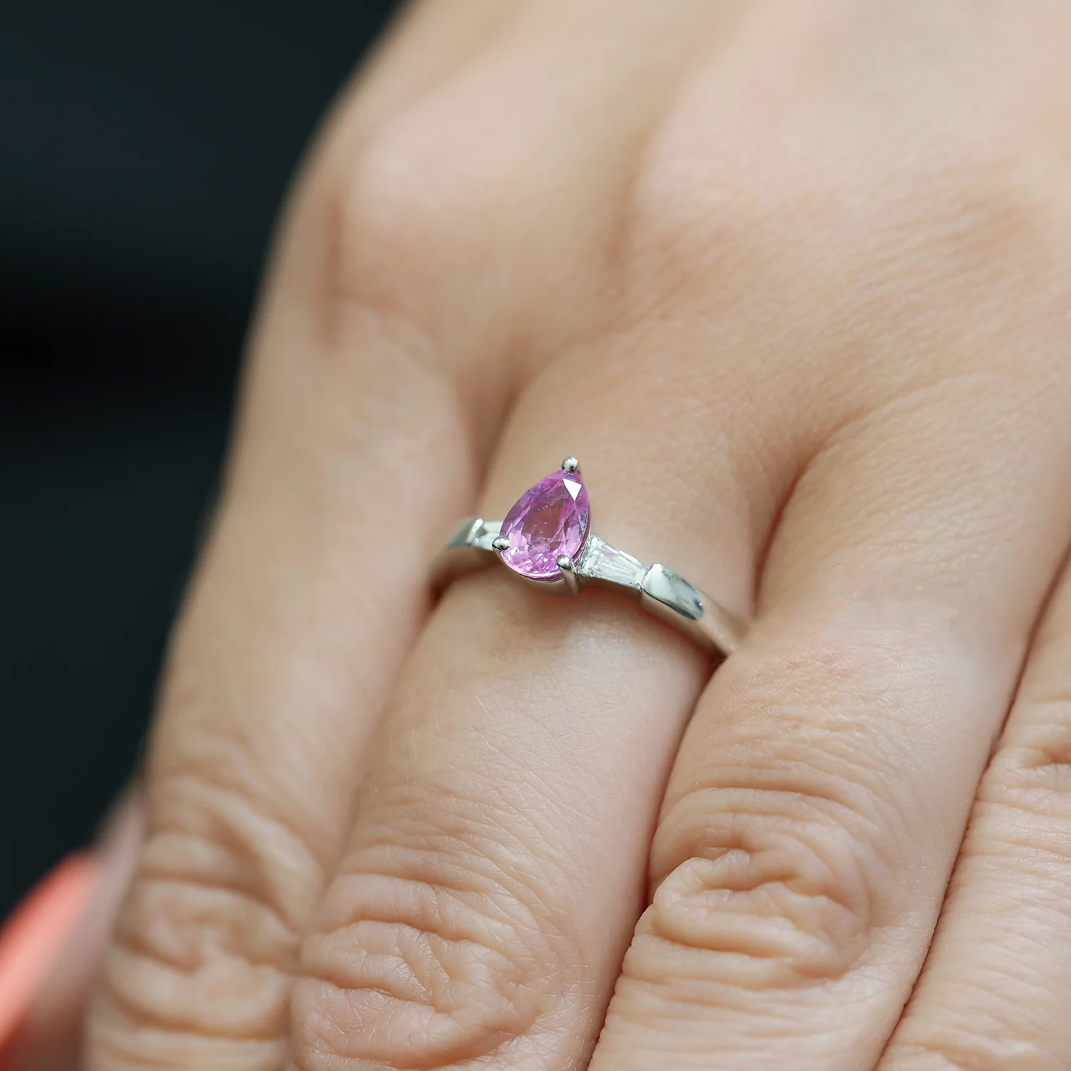 18ct White Gold Pear Cut Pink Sapphire And Diamond Three Stone Ring - Image 3