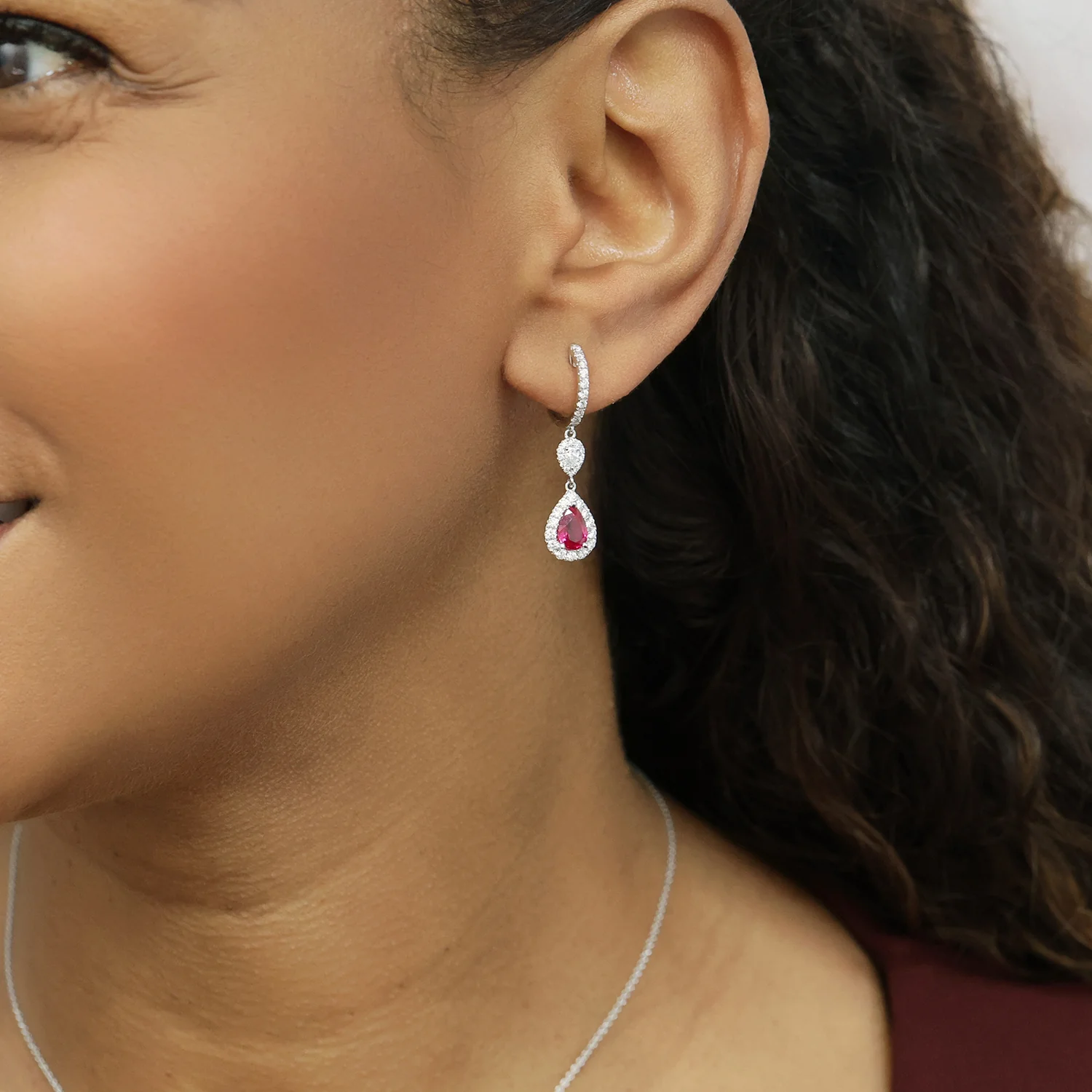 18ct White Gold Pear Cut Ruby And Diamond Halo Drop Earrings - Image 3