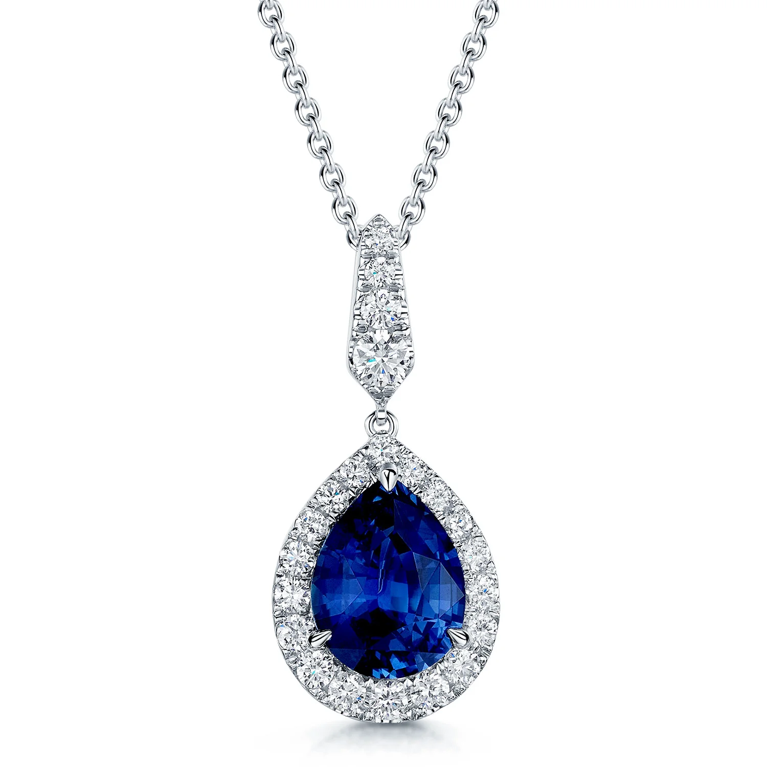 18ct White Gold Pear Cut Sapphire And Diamond Halo Pendant