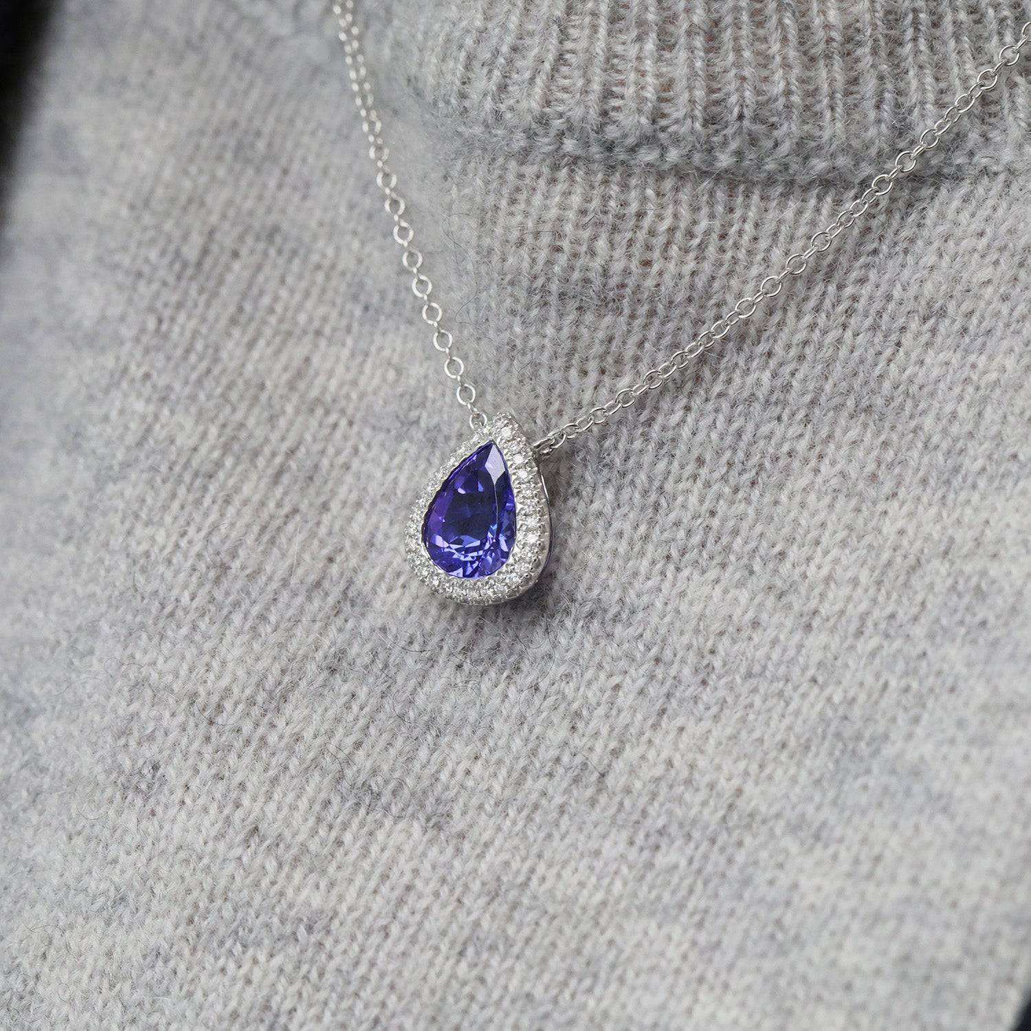 18ct White Gold Pear Cut Tanzanite And Diamond Halo Pendant - Image 2