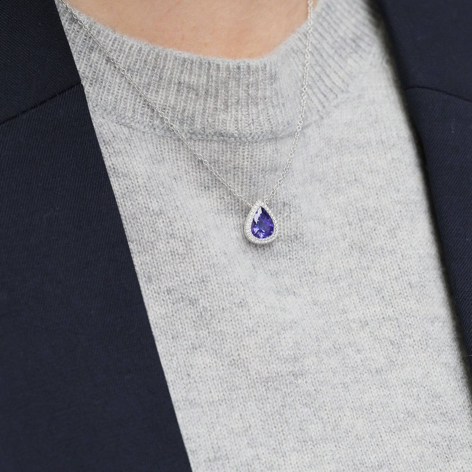 18ct White Gold Pear Cut Tanzanite And Diamond Halo Pendant - Image 3