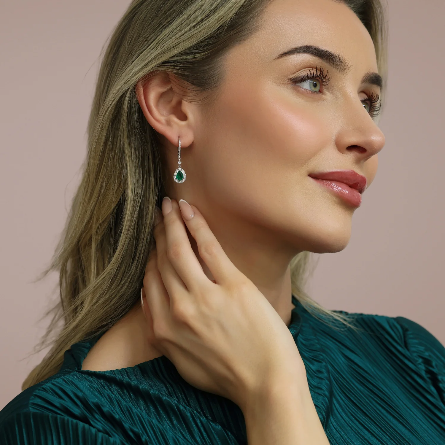 18ct White Gold Pear Shape Emerald And Diamond Halo Drop Earrings - Image 2
