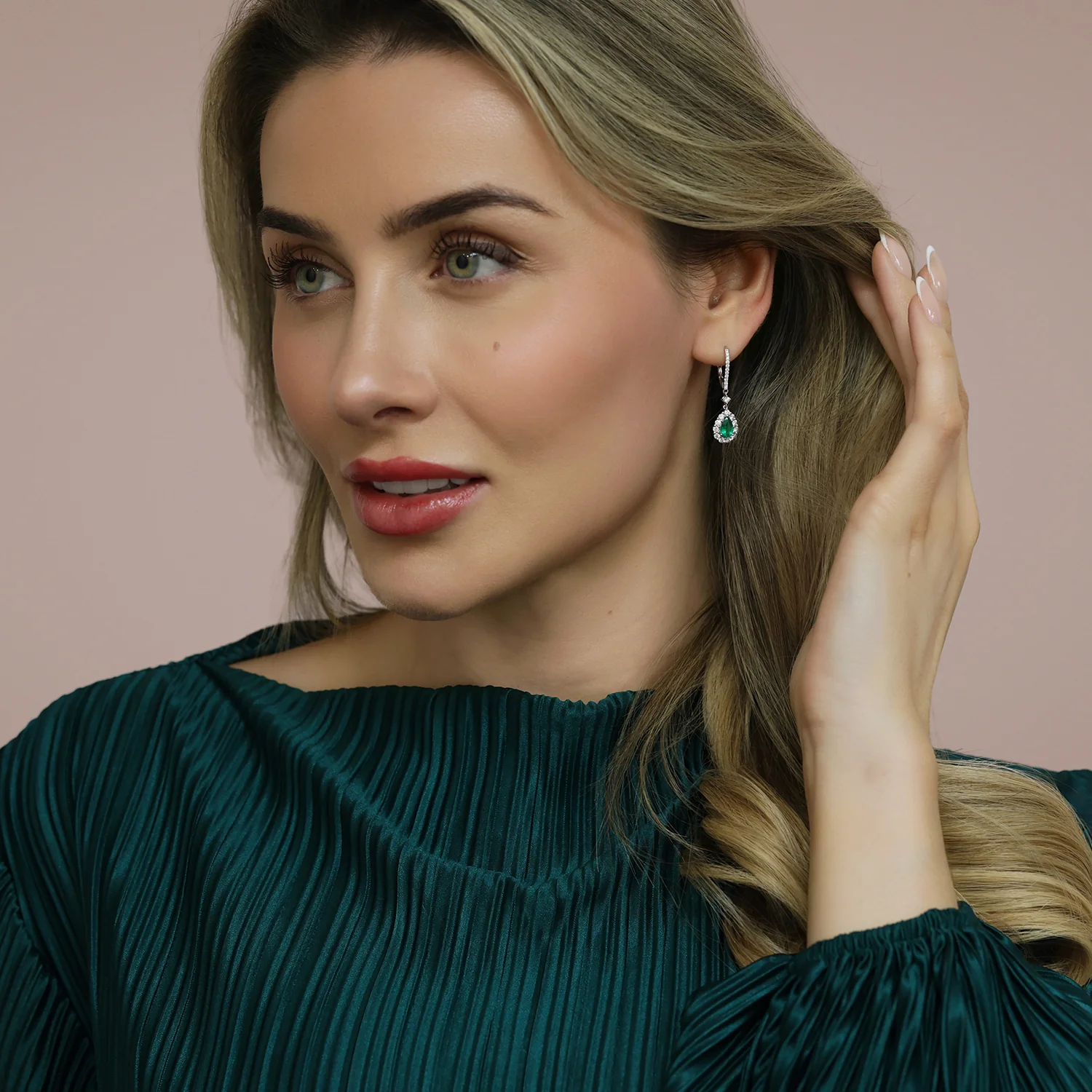 18ct White Gold Pear Shape Emerald And Diamond Halo Drop Earrings - Image 3