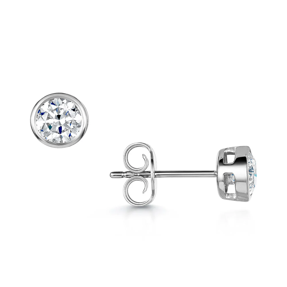 18ct White Gold Round Brilliant Cut 1.00ct Diamond Rub Over Set Earrings
