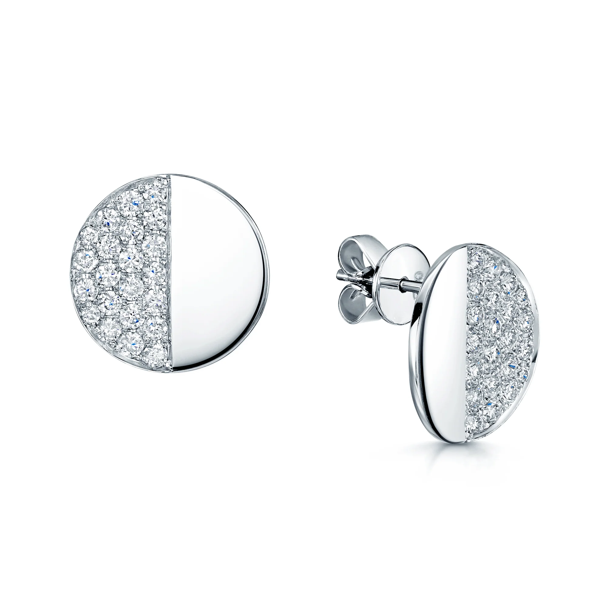 18ct White Gold Round Brilliant Cut Diamond Half Pave Disc Stud Earrings - Image 2